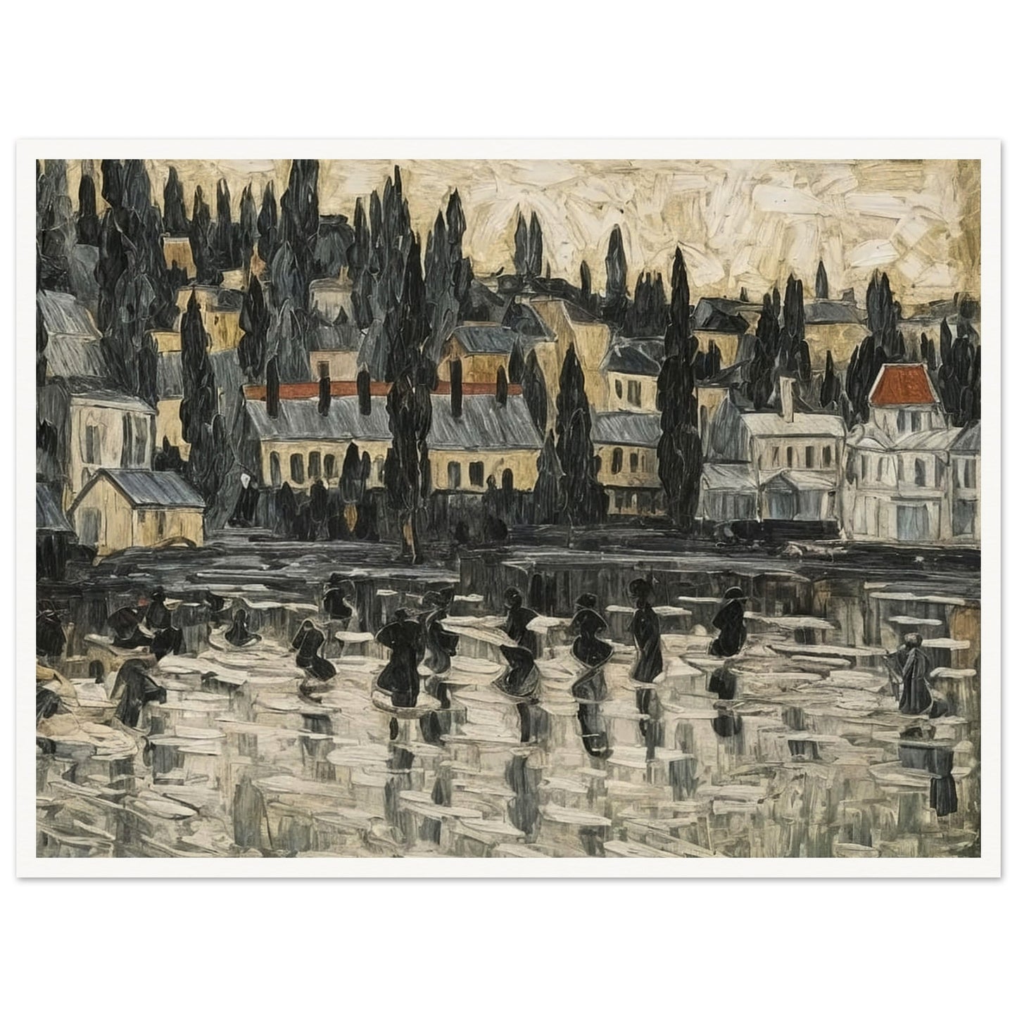 A textured painting of a serene townscape reflected on a misty lake, with tall trees and buildings set against a soft, muted sky.