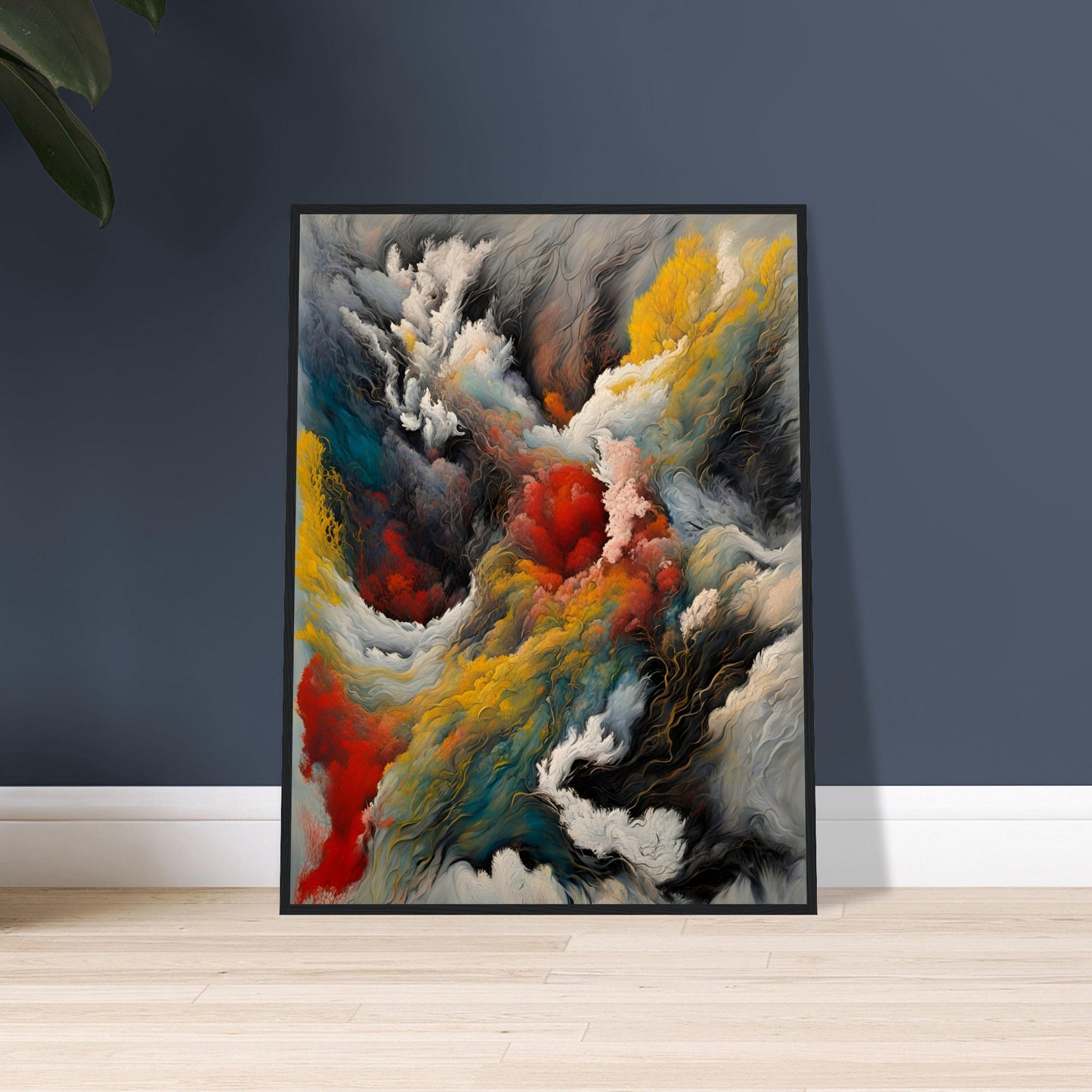 A dramatic painting depicting swirling clouds of smoke, fire, and mist with deep reds, golds, blues, and blacks, evoking a powerful elemental force.