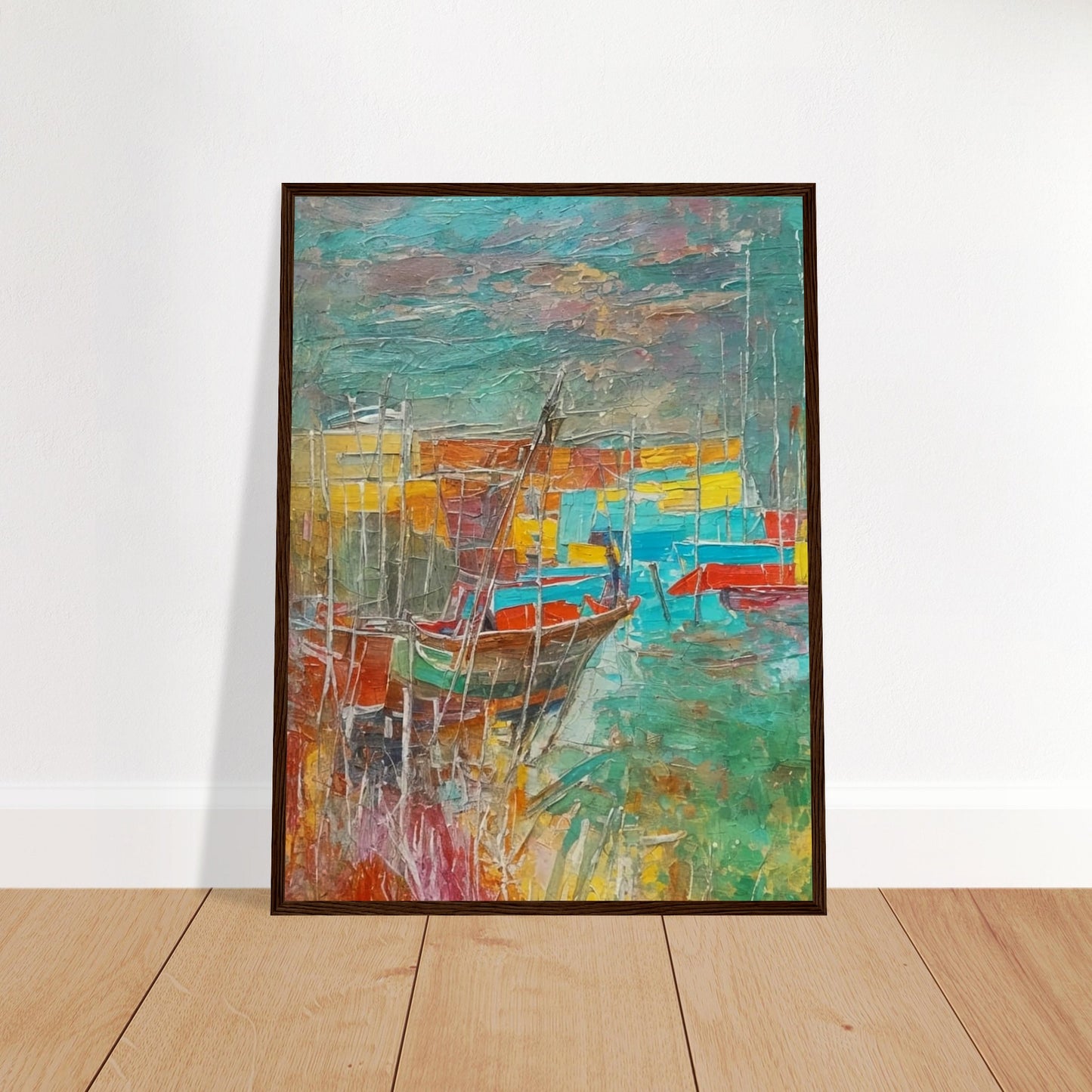A vibrant, textured painting of boats docked at a harbor, with bold colors of red, blue, and yellow blending into the water and sky, creating a lively and colorful seascape.