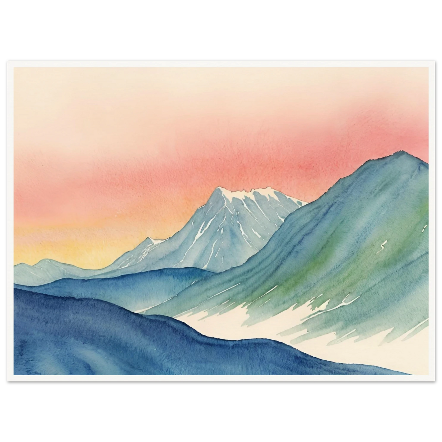 Cool-toned mountain ridges meet a radiant pink and yellow sky in this tranquil watercolor of a twilight alpine scene.