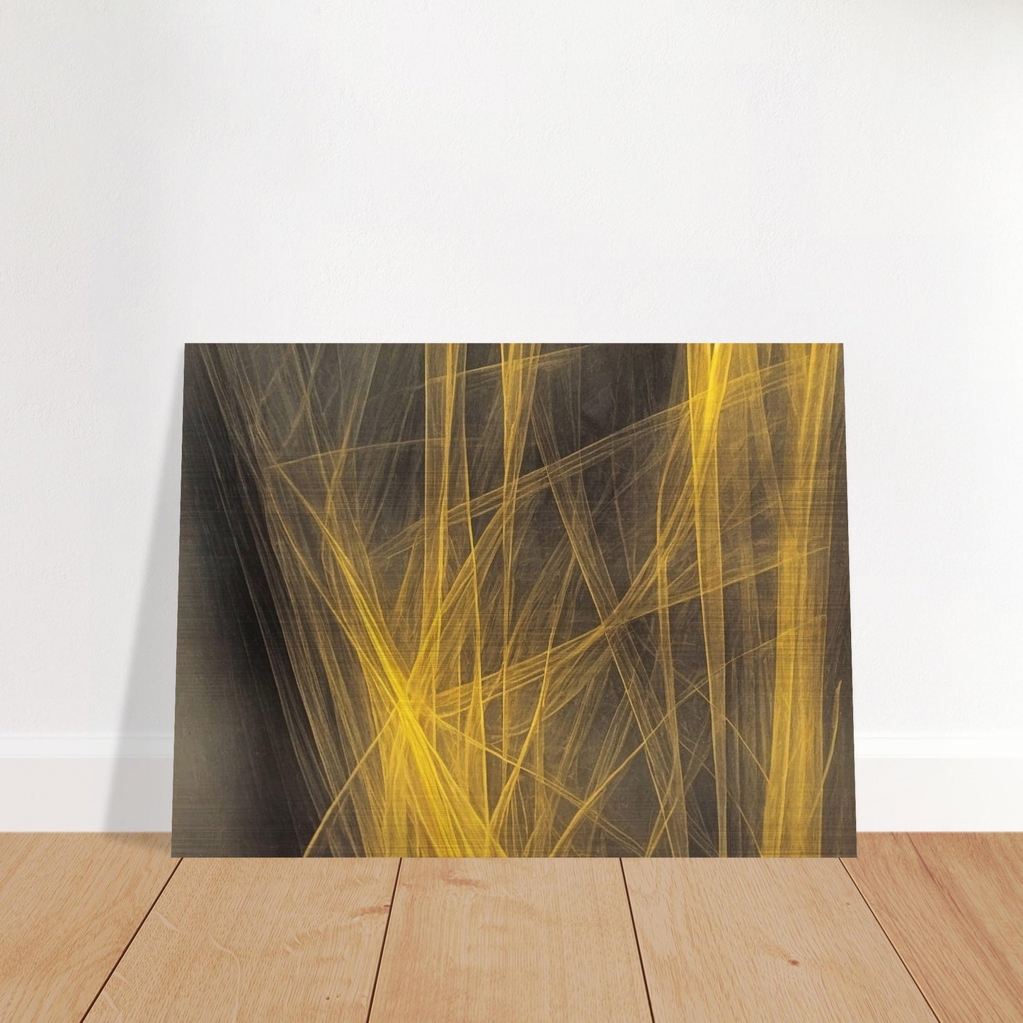 "A striking abstract artwork featuring golden yellow lines interwoven against a dark background, creating an energetic and dynamic visual flow."