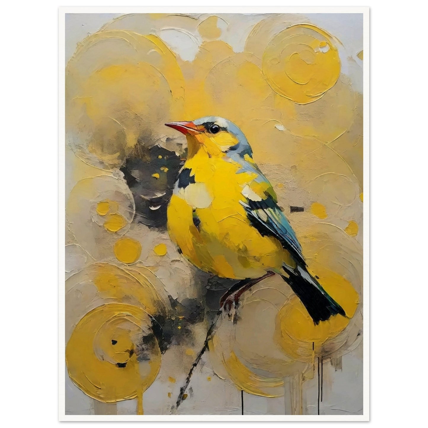 A vibrant painting of a yellow bird with blue accents, perched against a backdrop of swirling yellow patterns.