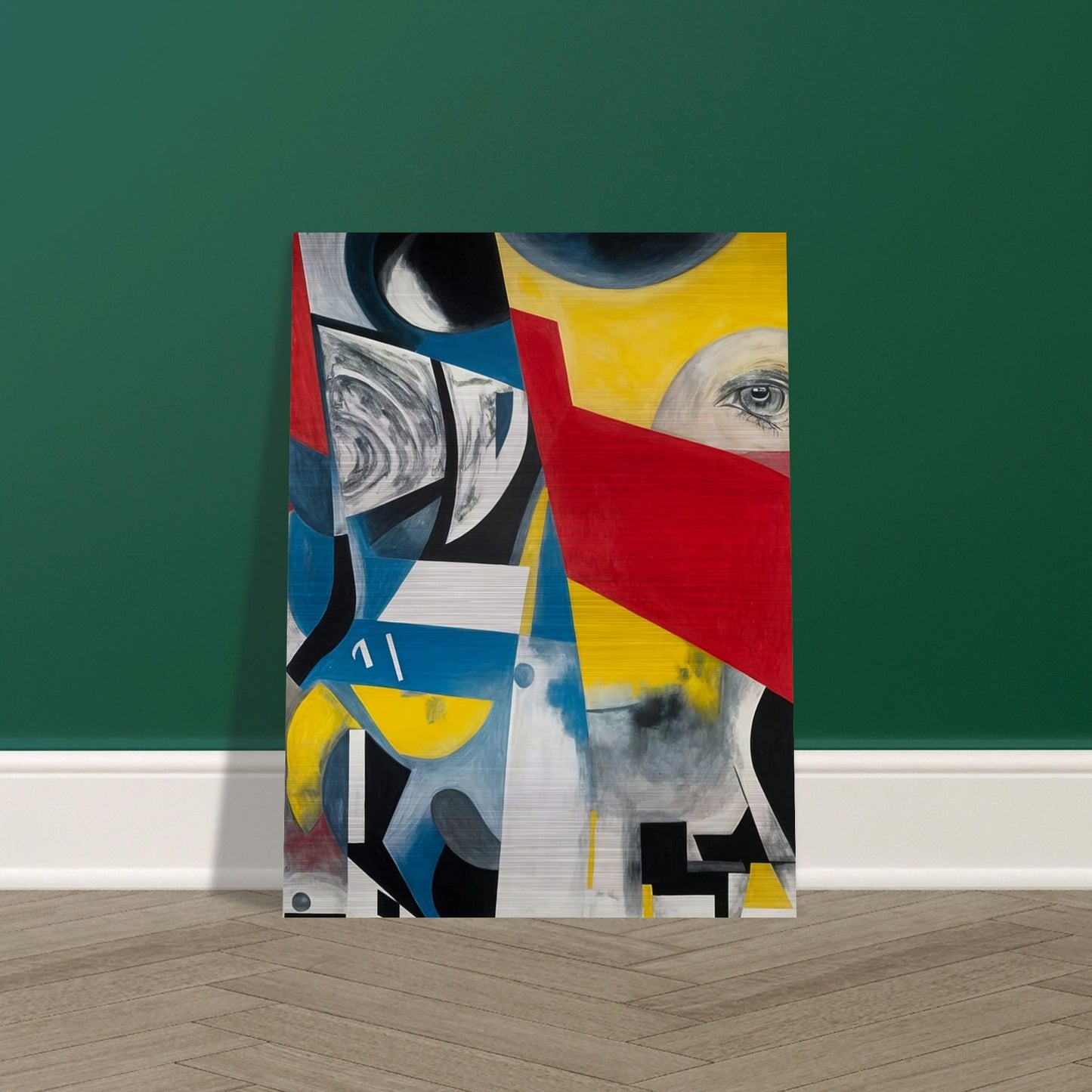 An abstract composition with bold geometric shapes in vibrant colors, including red, yellow, blue, and black. The image features an eye peeking through a red triangular shape, surrounded by swirling patterns and sharp angles, creating a sense of disjointed perception and complexity