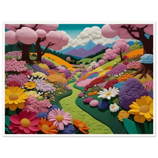 A whimsical, pastel-colored valley with blooming flowers, pink cherry blossom trees, and a winding green path leading to purple mountains.