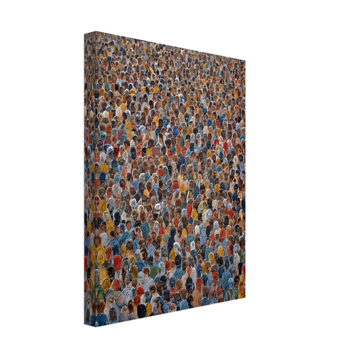 A densely packed crowd of diverse individuals wearing colorful clothing, viewed from above in a striking display of human unity.