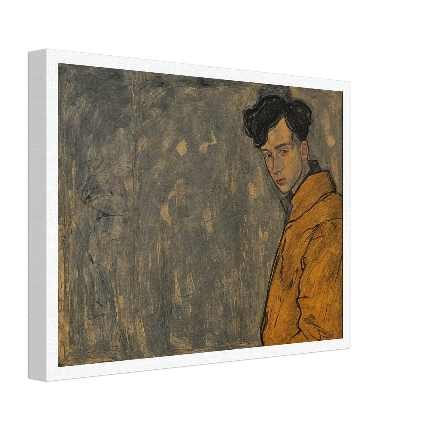 A portrait of a young man in a yellow jacket, his thoughtful expression framed against a muted, textured background.