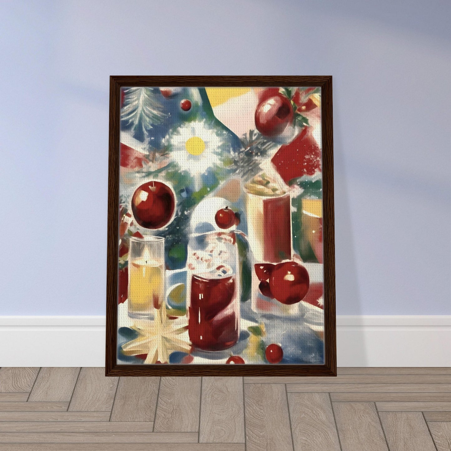 A festive still life featuring glasses of holiday drinks, vibrant red ornaments, holly leaves, and glowing candles on a colorful background.