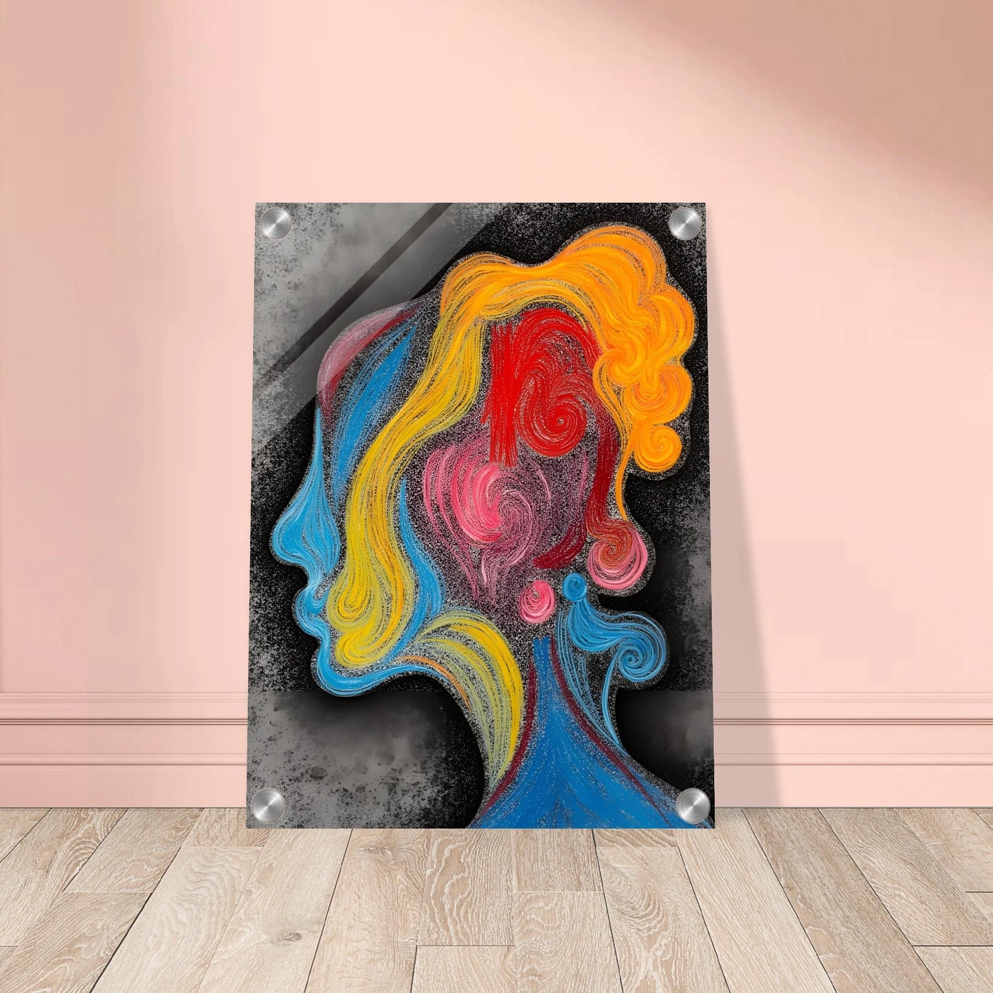 A vibrant profile of a human face outlined in swirling strokes of red, blue, yellow, and pink on a smoky gray background.