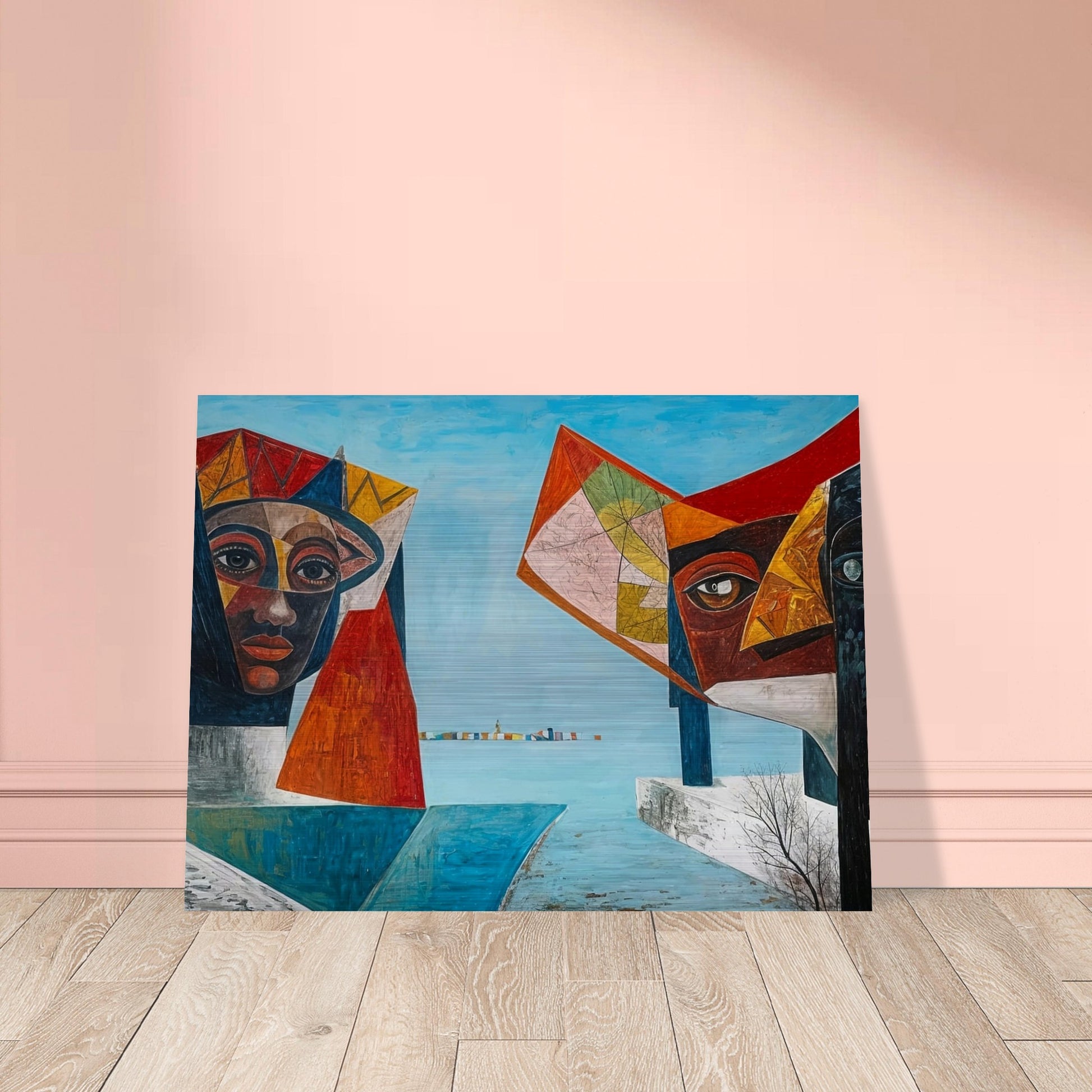 A surreal painting featuring two large, colorful, and abstract guardian faces, positioned on either side of a serene blue seascape, with a distant horizon marked by a row of vibrant structures.