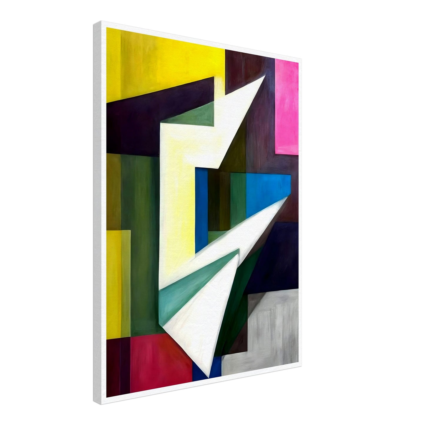 A bold geometric composition featuring sharp angles and planes, with vibrant blocks of yellow, green, blue, and pink forming a dynamic interplay of light and shadow.