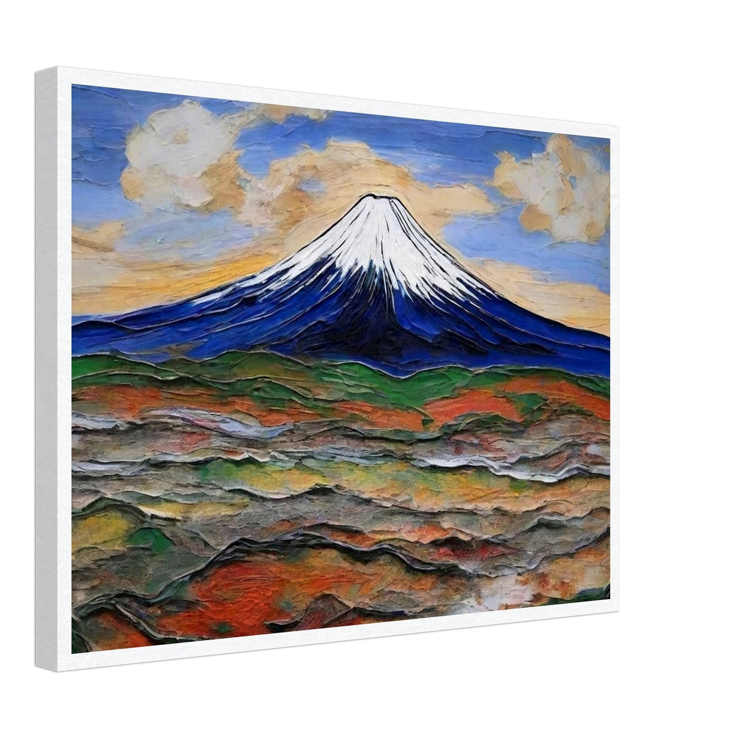 "A breathtaking view of a snow-capped mountain under a colorful sky, with rolling hills in earthy tones spreading out below."