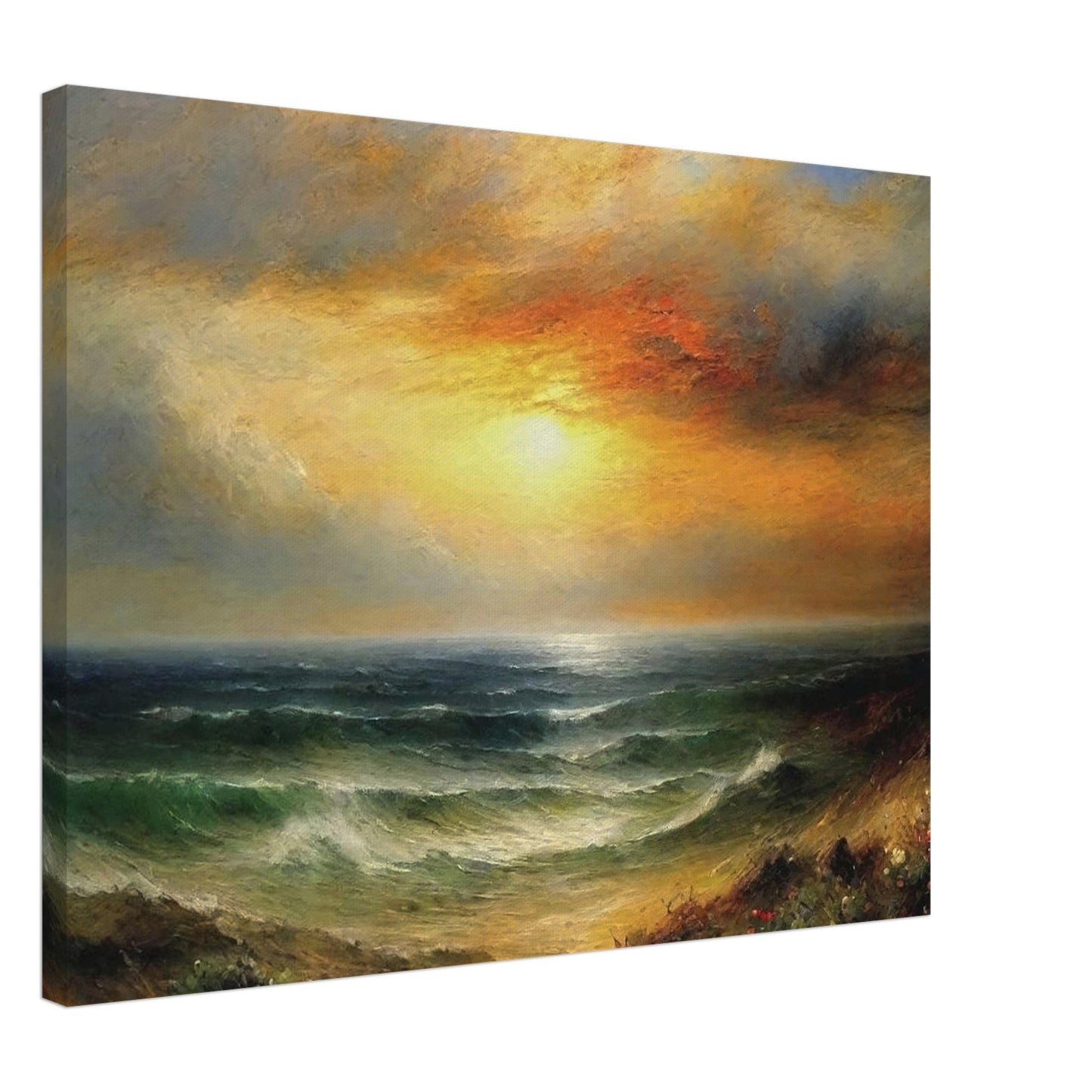 A beautiful seascape painting of a glowing sunset over calm ocean waves, with golden skies and soft colors reflecting on the water.