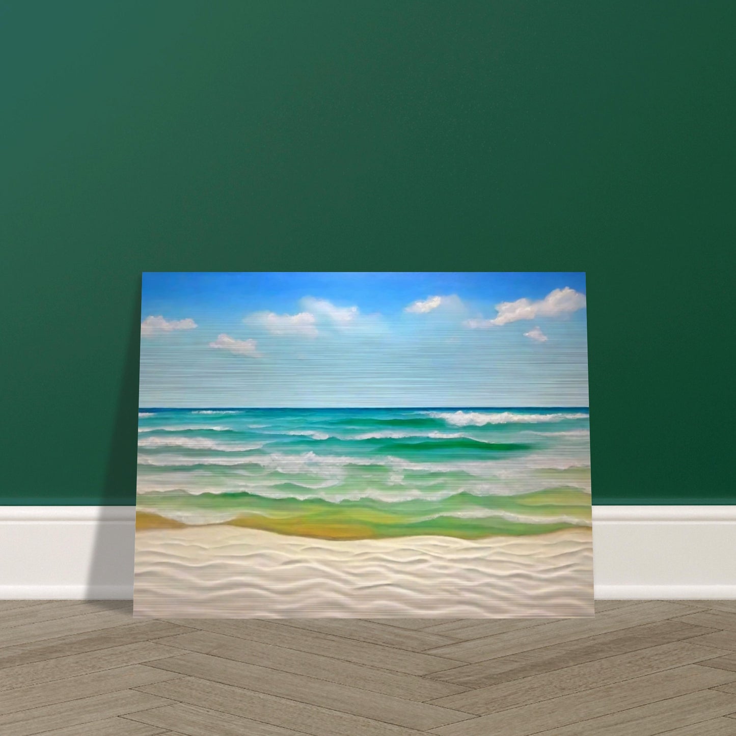 "A peaceful seascape painting of gentle waves rolling onto a white sandy beach under a clear blue sky with soft clouds."