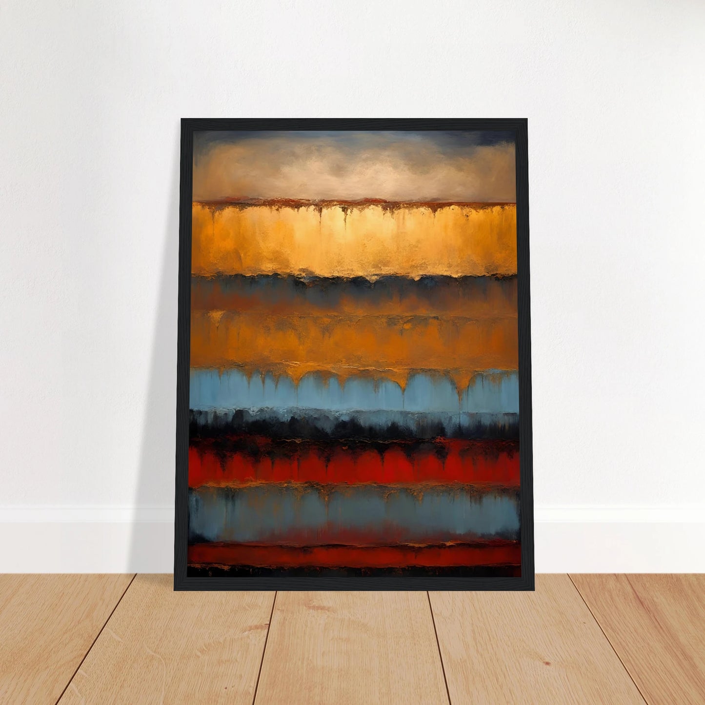Rich bands of gold, rust, blue, and black flow like sediment layers in a moody, textured expression of earth and time.