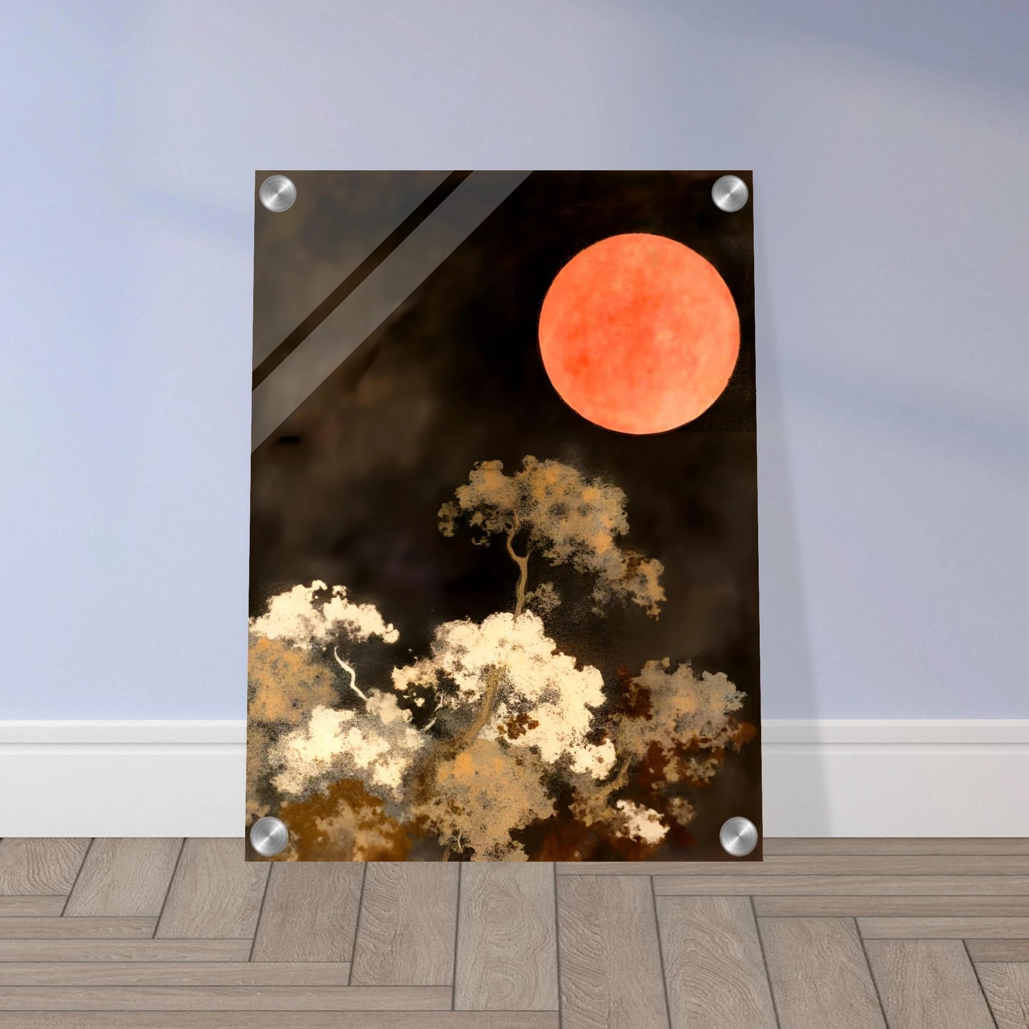 A glowing red moon floats over wispy trees in the dark, creating a dreamlike night scene with fiery contrast and quiet drama.