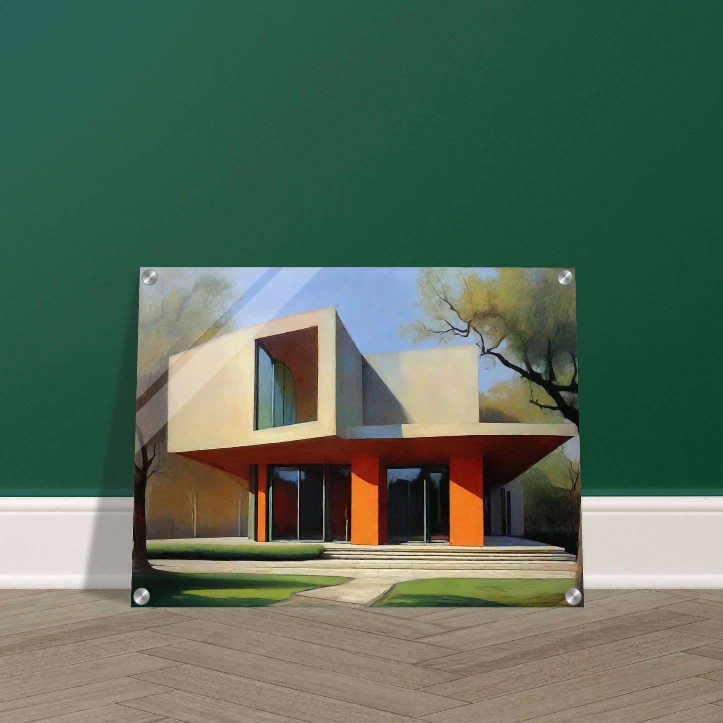 A striking modern architectural building with clean lines and orange accents, bathed in soft sunlight surrounded by trees.