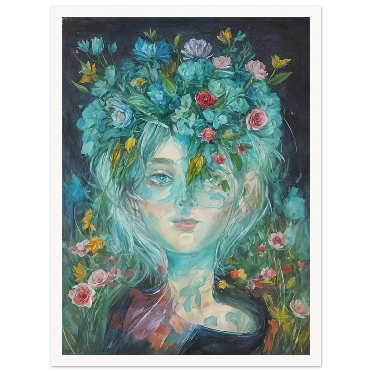 A captivating portrait of a woman with flowers in her hair, blending seamlessly into a vibrant floral background.