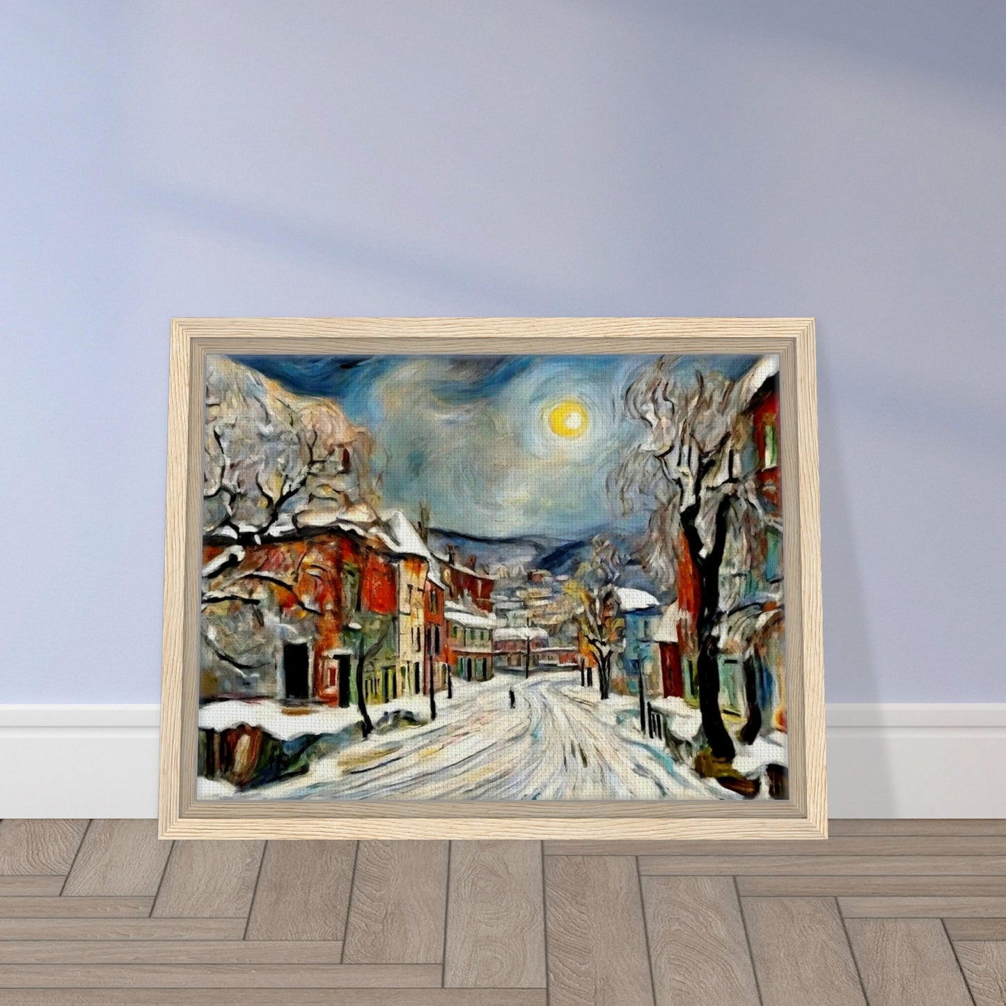 "A serene winter night scene with snow-covered streets and buildings under a glowing moon, framed by frosted trees in a quiet village."