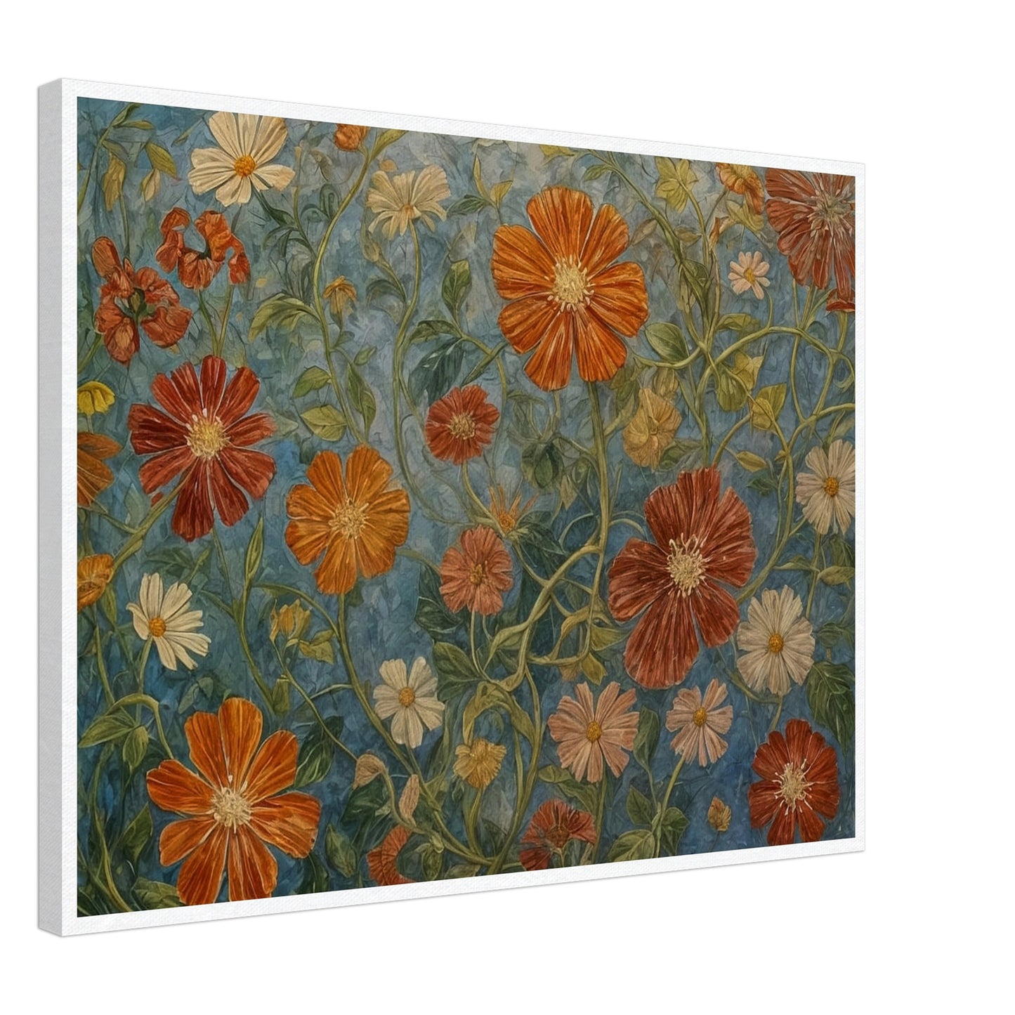 A detailed painting of various orange and white flowers with lush green stems against a blue background.