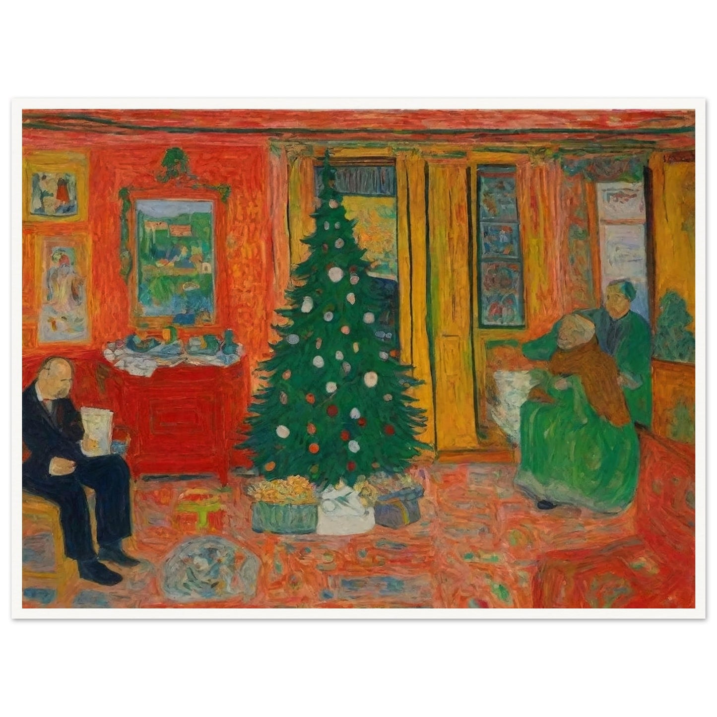 A colorful, cozy living room featuring a decorated Christmas tree, with family members preparing for the holiday in a warm and inviting atmosphere.