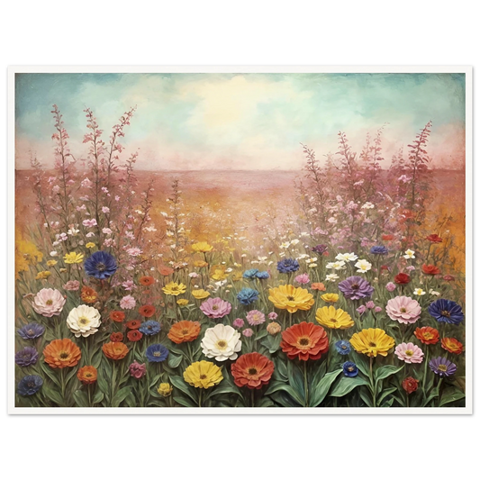 A dreamy field of multicolored wildflowers bathed in soft sunlight, blending into a pastel horizon under a tranquil sky.