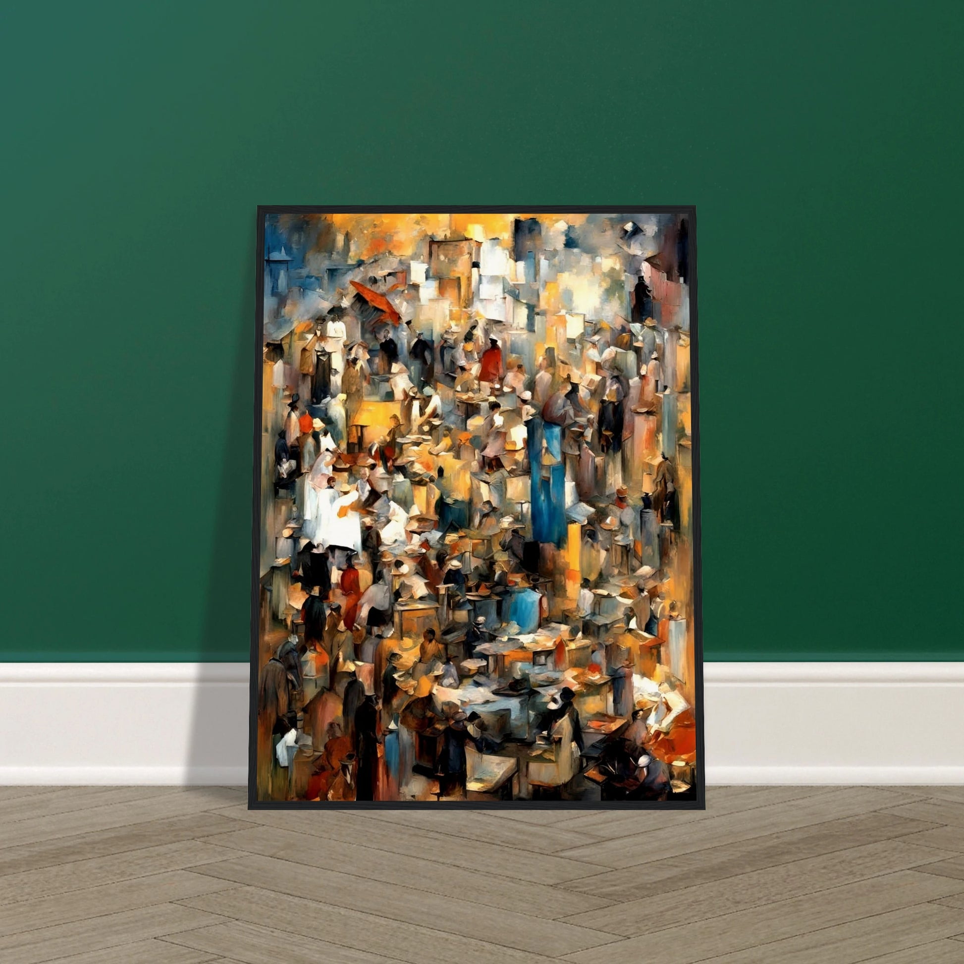 Bustling market scene with abstracted crowds, vendors, and stalls in warm earthy tones, evoking movement and layered human stories.