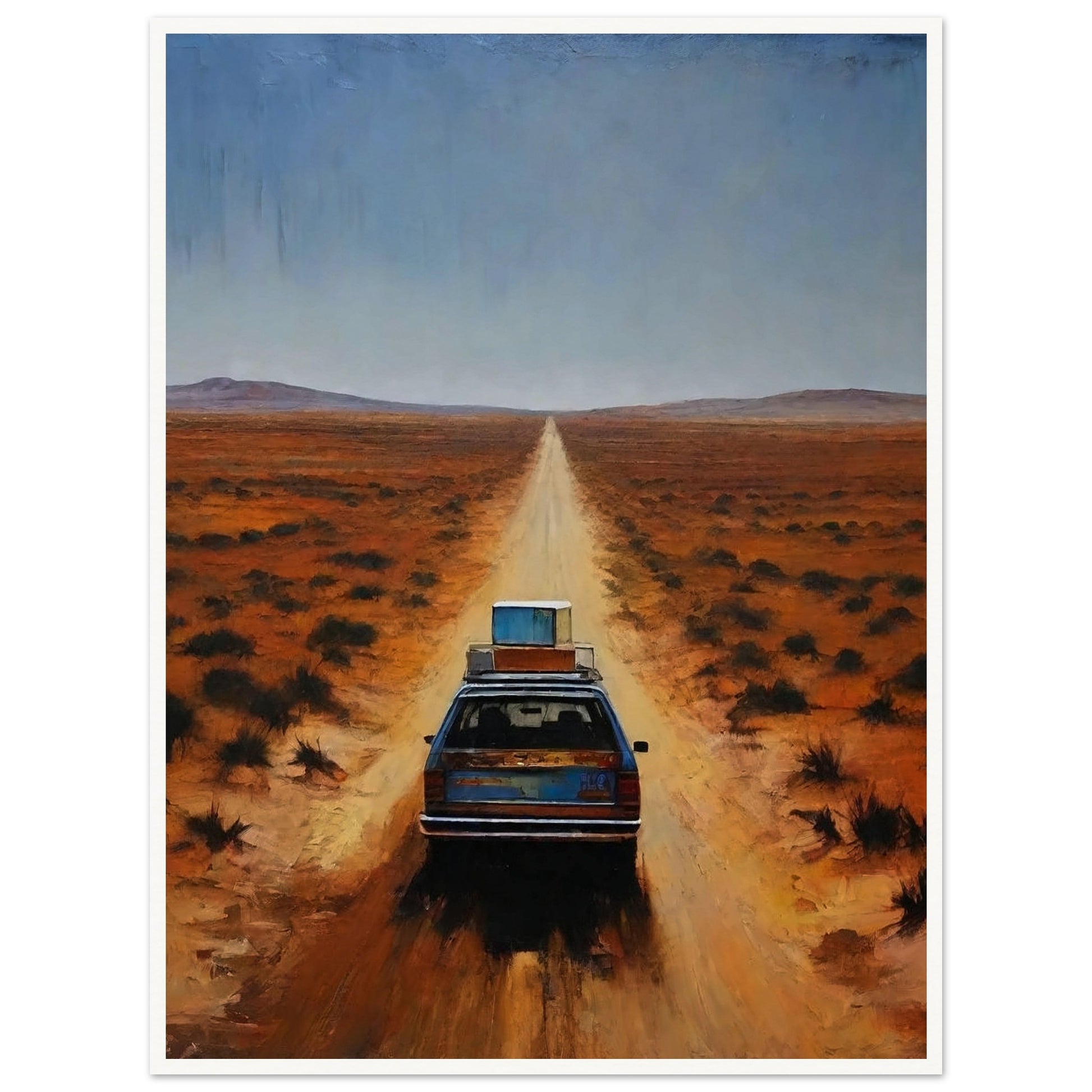 A car driving down a long, desolate road in a vast desert landscape under a clear blue sky.