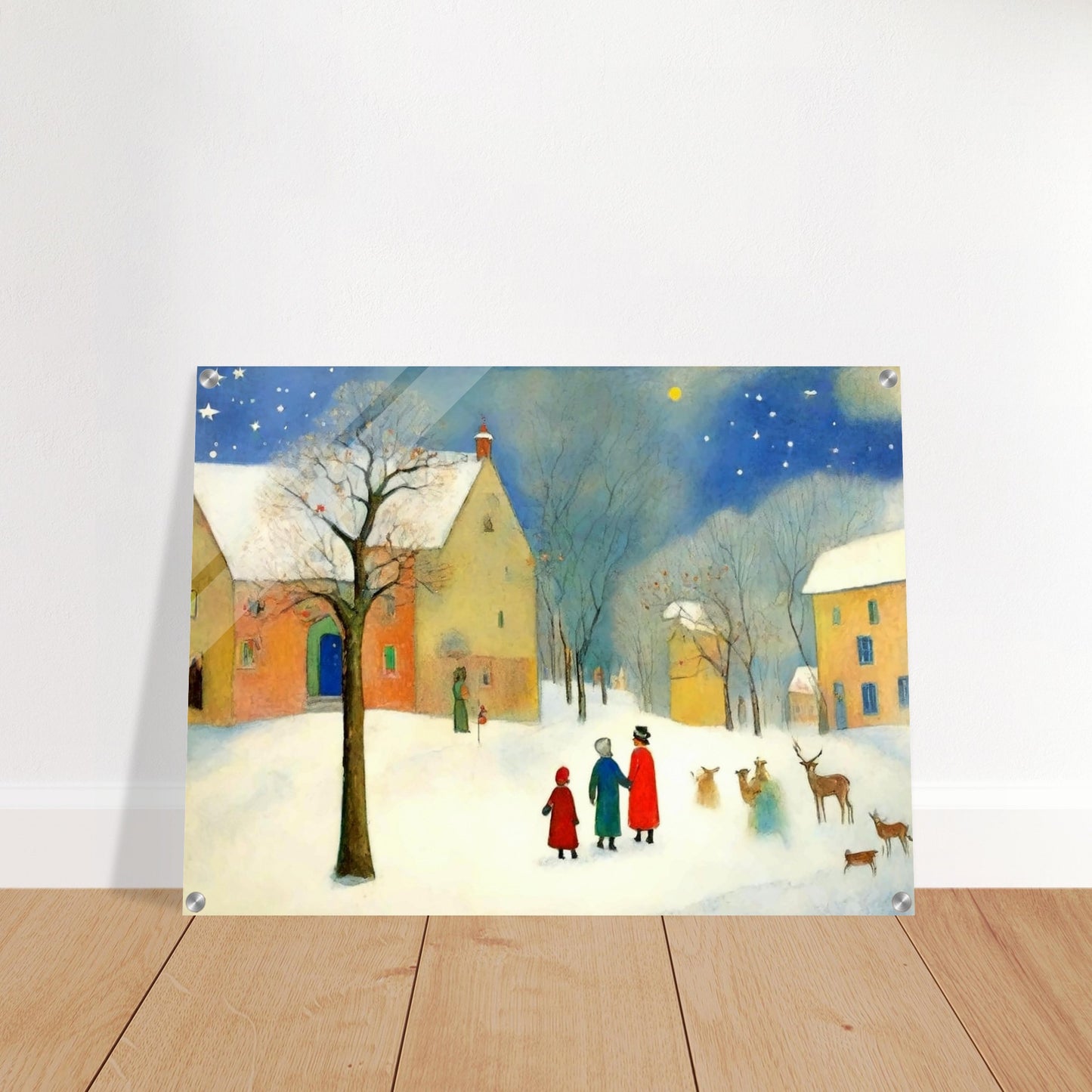 "A whimsical winter scene featuring families and deer in a snow-covered village under a starry sky, with warm-lit houses in the background."
