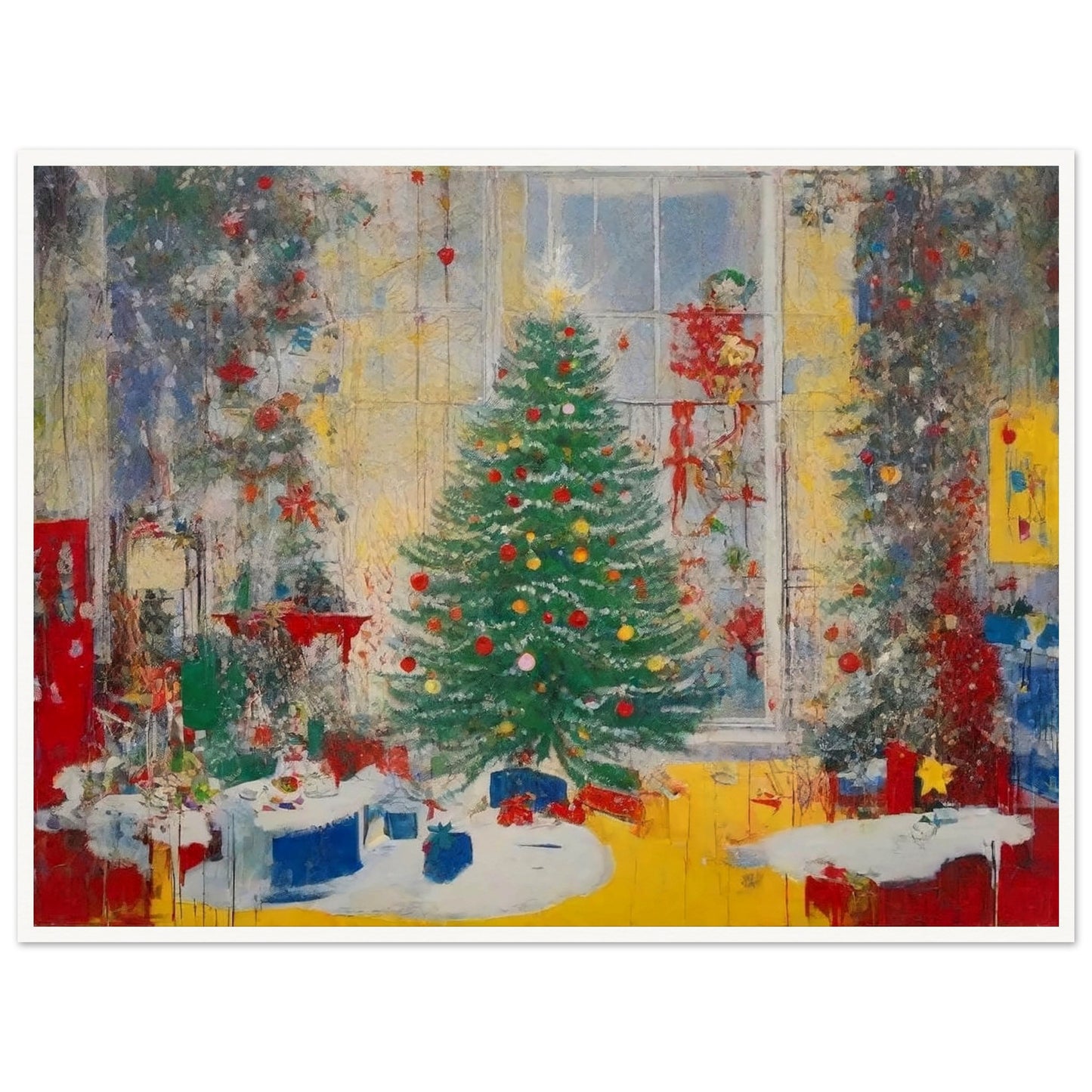 A vibrant painting of a festive living room with a beautifully decorated Christmas tree, glowing lights, and wrapped presents by a large window.