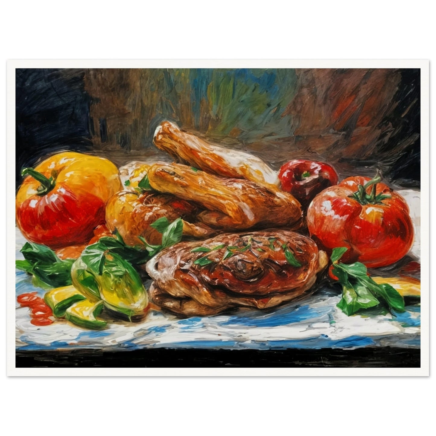 A colorful arrangement of roasted meats and fresh vegetables, including bright tomatoes and peppers, displayed on a rustic background.