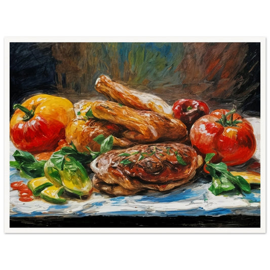 A colorful arrangement of roasted meats and fresh vegetables, including bright tomatoes and peppers, displayed on a rustic background.