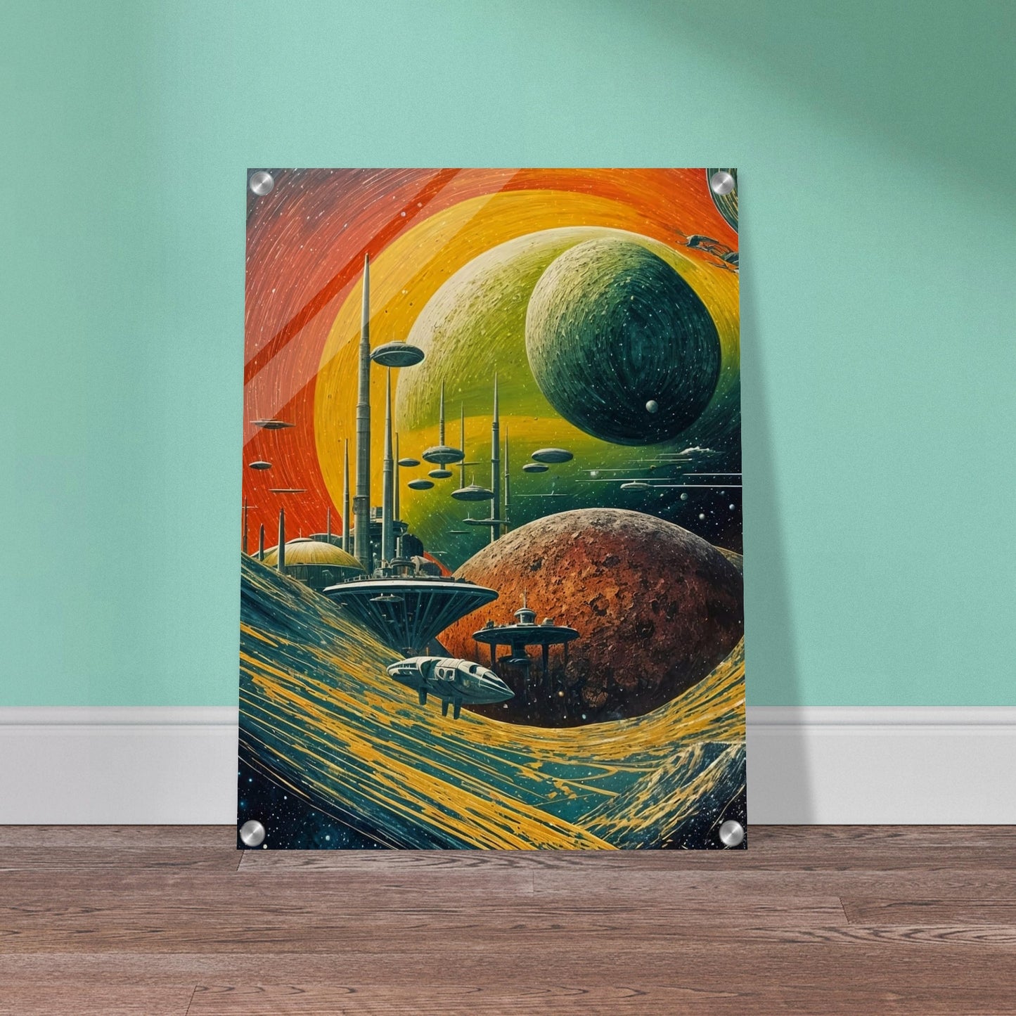 A vivid depiction of a futuristic planetary system with towering structures and spacecraft amidst swirling cosmic landscapes, evoking a sense of exploration and wonder.