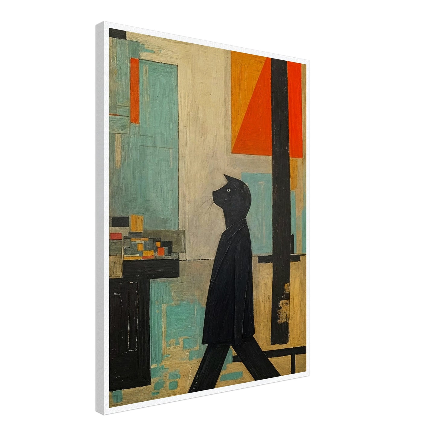 A stylized painting of a black cat walking upright, set against a geometric backdrop with muted tones of blue, orange, and beige.
