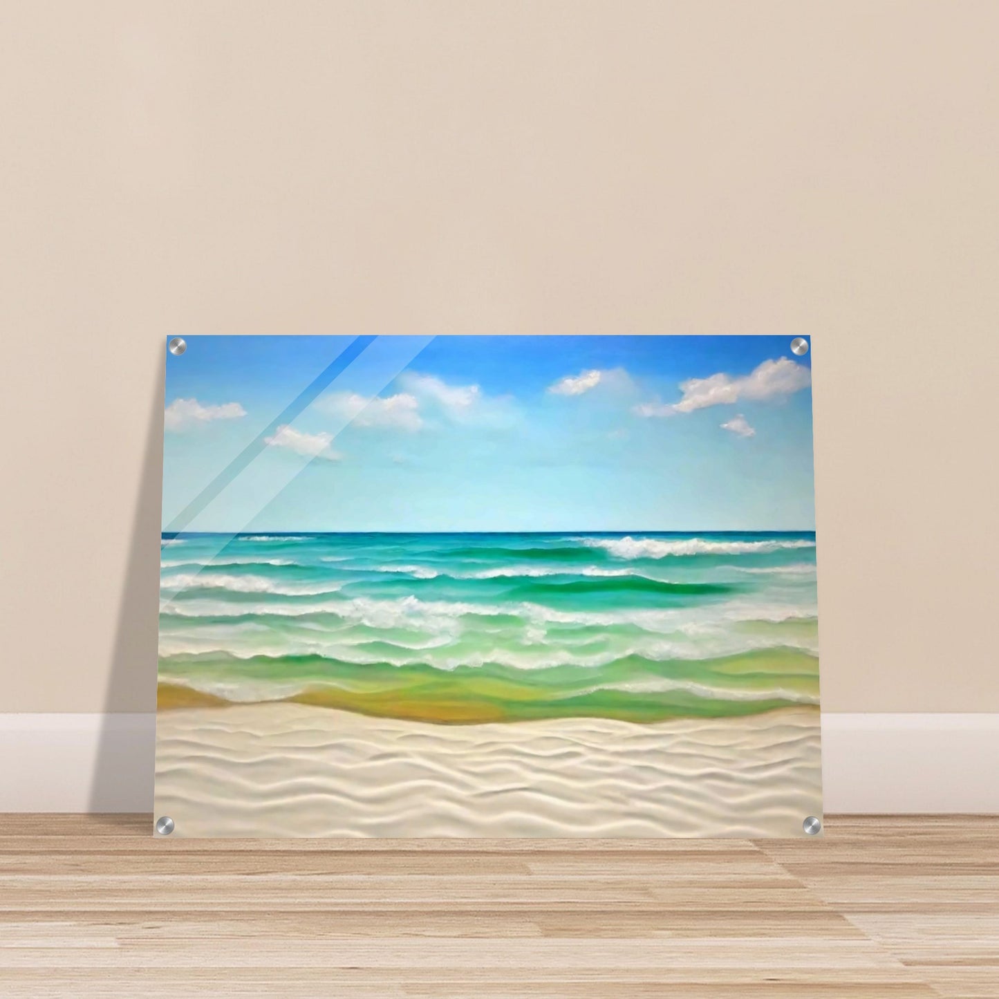 "A peaceful seascape painting of gentle waves rolling onto a white sandy beach under a clear blue sky with soft clouds."