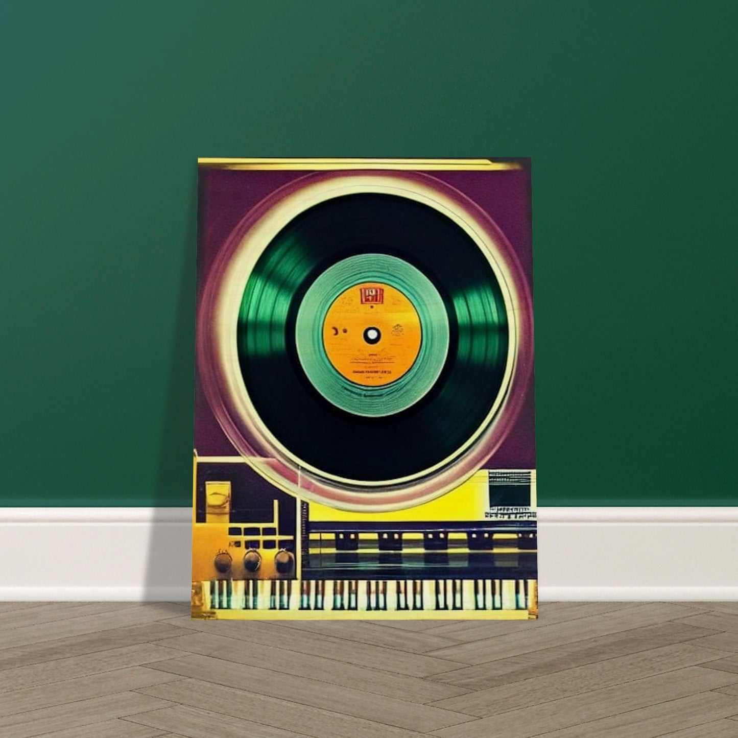 Colorful image of a vinyl record spinning on a retro turntable, evoking nostalgia and timeless music