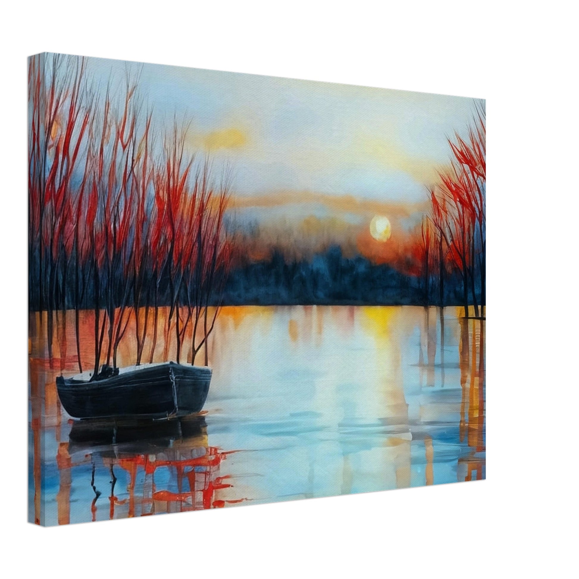 A tranquil lake at sunset with a small boat anchored near bare trees, reflecting the warm hues of the setting sun.