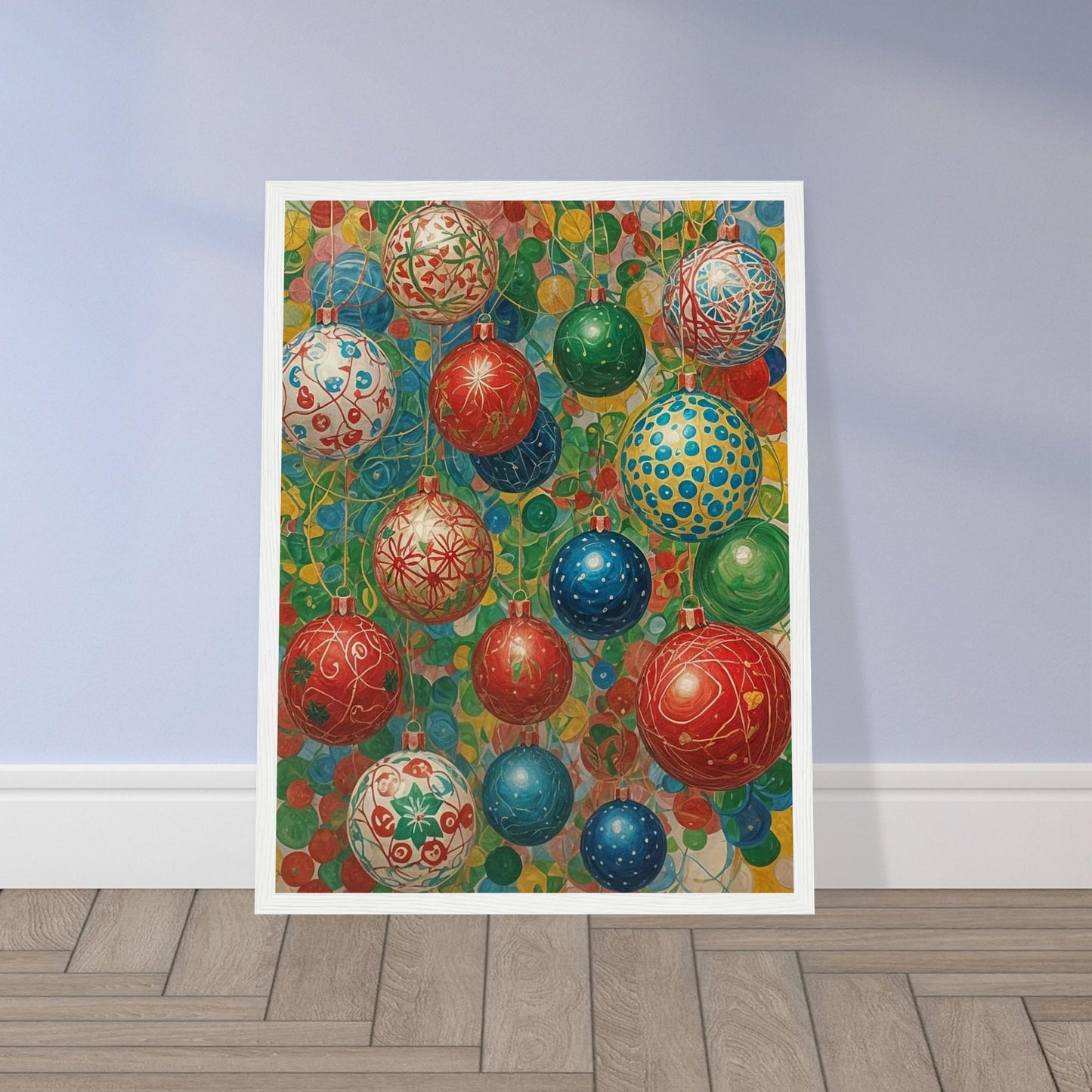 A vibrant array of colorful Christmas ornaments in red, blue, green, and white, decorated with intricate patterns and set against a lively background of overlapping colors.