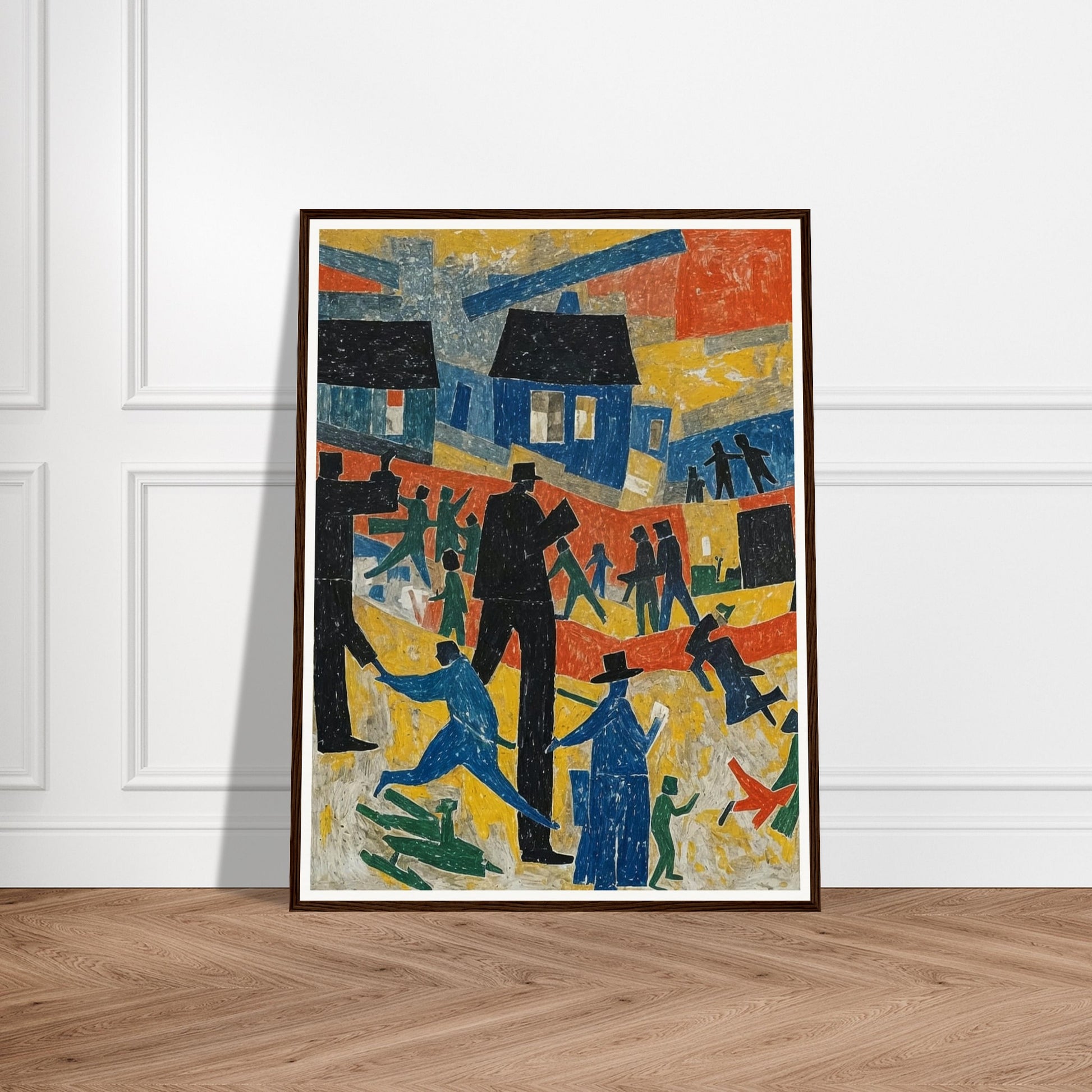 An abstract painting depicting a lively village scene with colorful houses and stylized figures in motion.