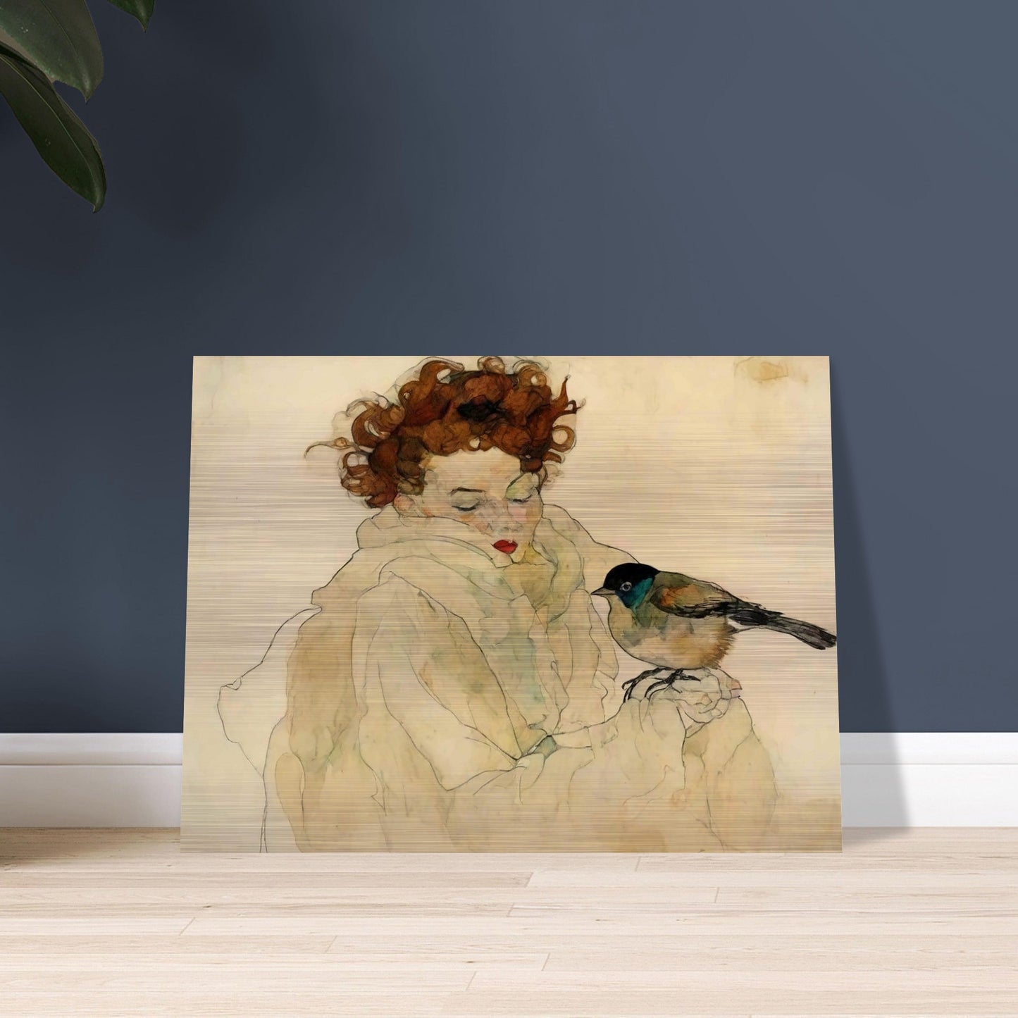 "A soft, expressive portrait of a woman with curly hair and a bird perched on her hand, both surrounded by gentle, muted tones."