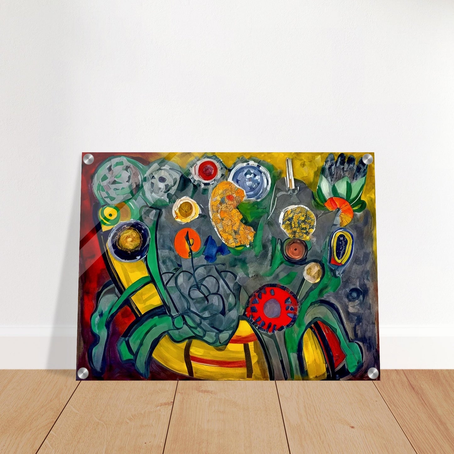 A bold, abstract depiction of colorful flowers with swirling shapes and rich colors like red, yellow, and green, creating an energetic garden-like scene.