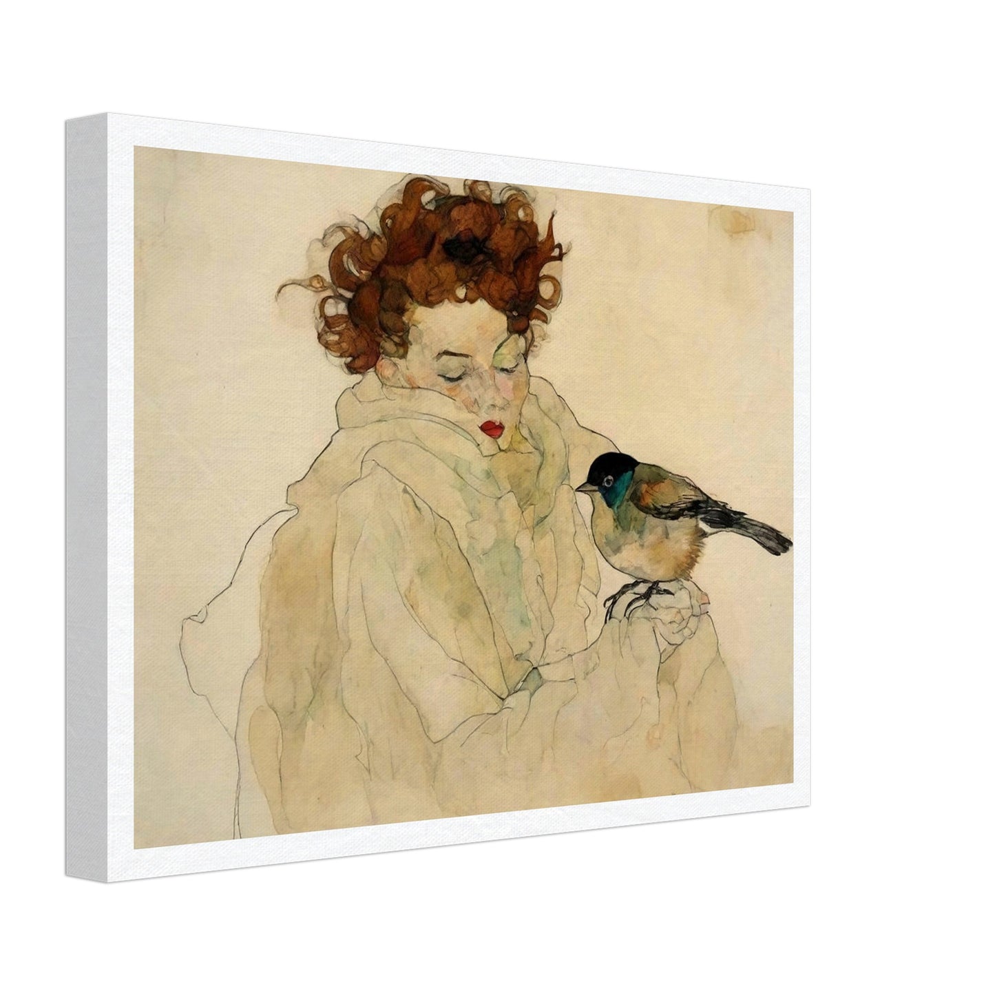 "A soft, expressive portrait of a woman with curly hair and a bird perched on her hand, both surrounded by gentle, muted tones."