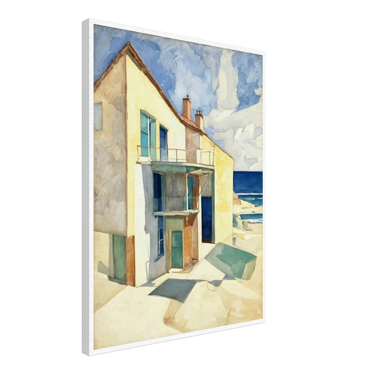 A bright seaside house casts long shadows under the afternoon sun, with a calm ocean and blue skies in the background.