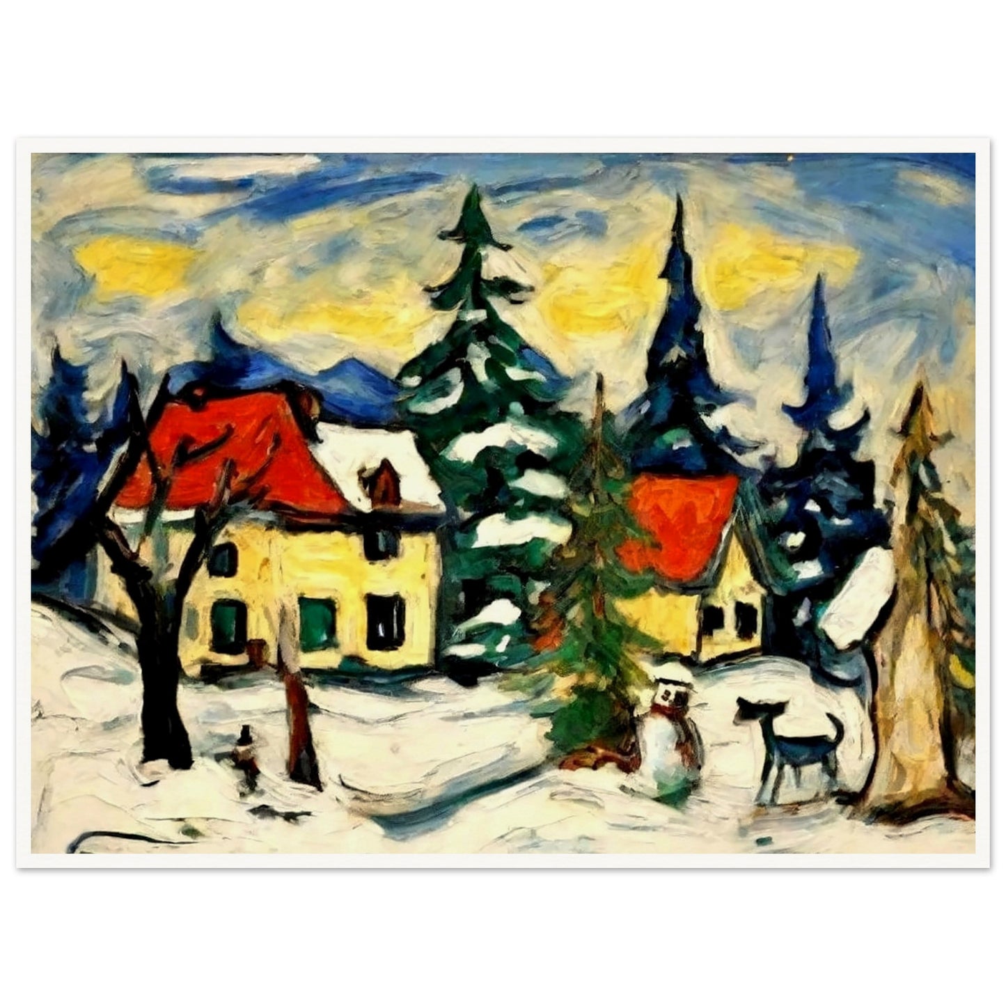 A picturesque village scene with snow-covered cabins, tall pine trees, and a snowman under a golden-yellow sky, capturing the peaceful charm of a winter landscape.