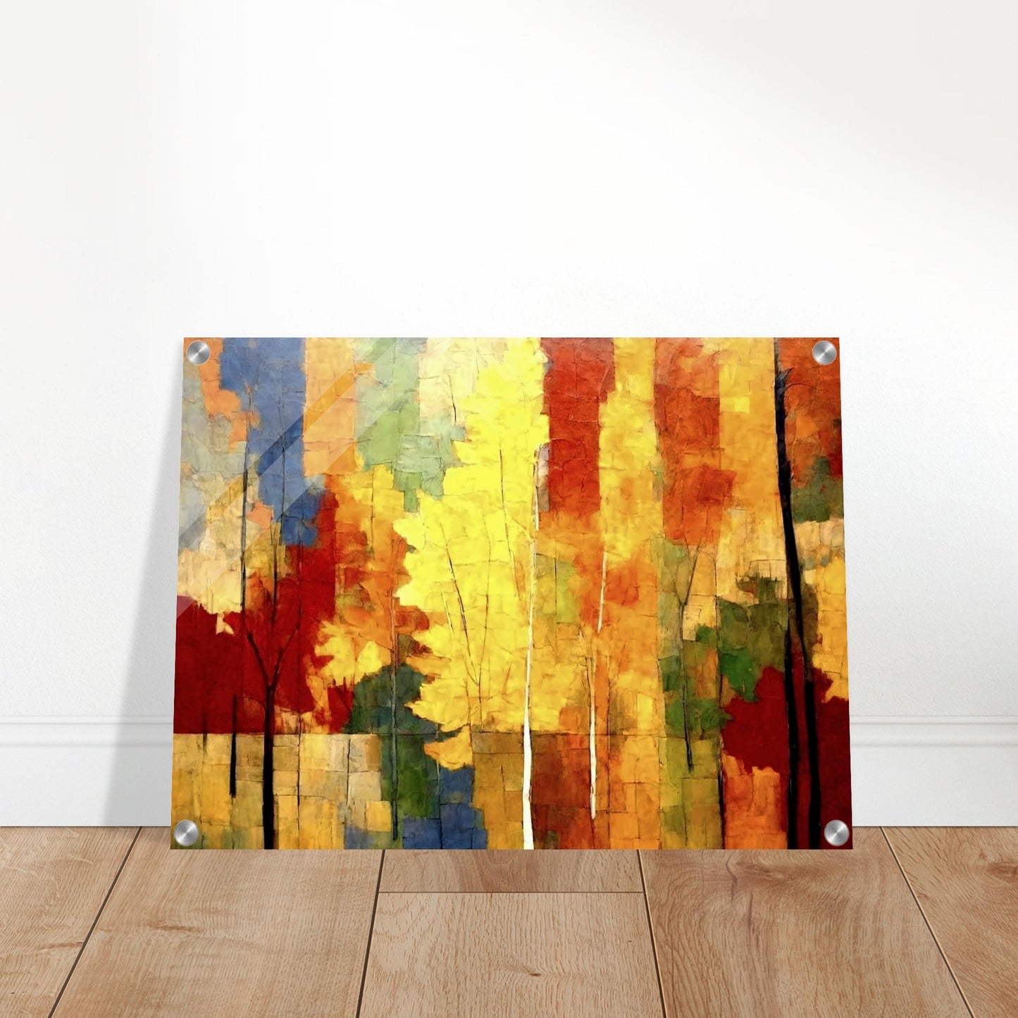 A vibrant painting of autumn trees, featuring bold colors like yellow, red, and orange, with a mix of abstract brush strokes depicting a forest scene.
