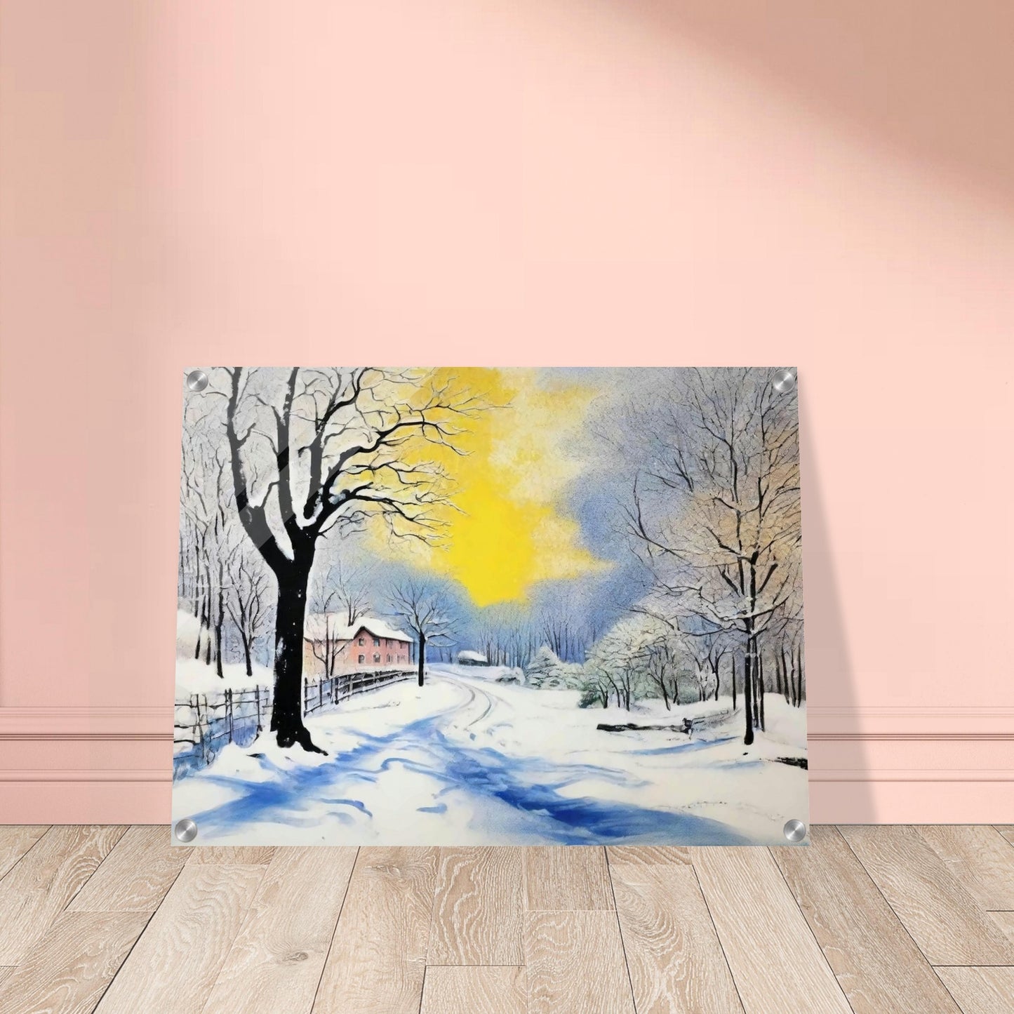 A serene winter landscape with snow-covered trees and a winding path leading to a distant house, illuminated by a warm yellow sunrise against a blue sky.