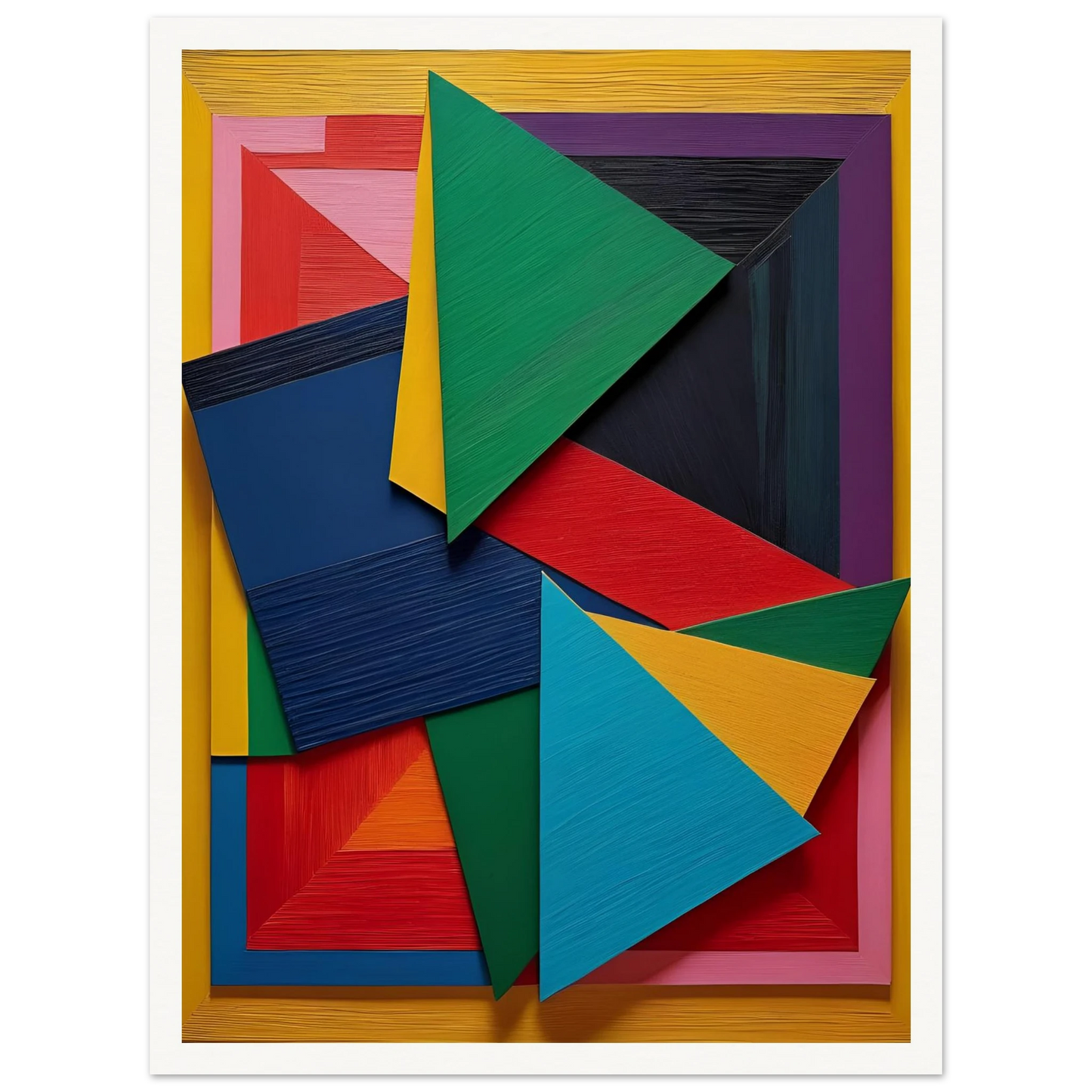 A vibrant arrangement of layered geometric triangles and rectangles in bold, textured colors on a yellow-framed background.