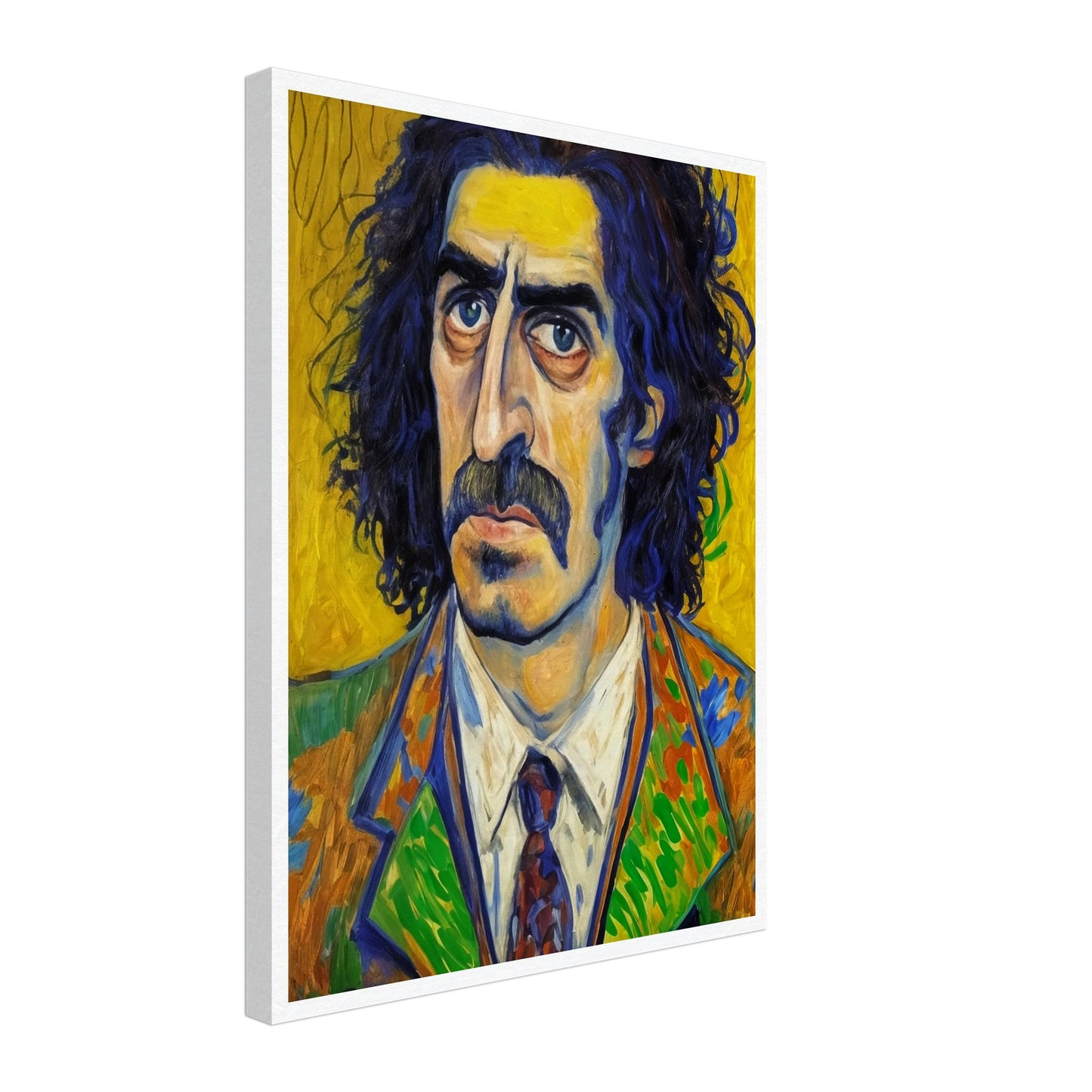A vibrant portrait of a man with deep-set eyes and thick mustache, framed by wild dark hair. His colorful, patterned suit contrasts with a vivid yellow background.