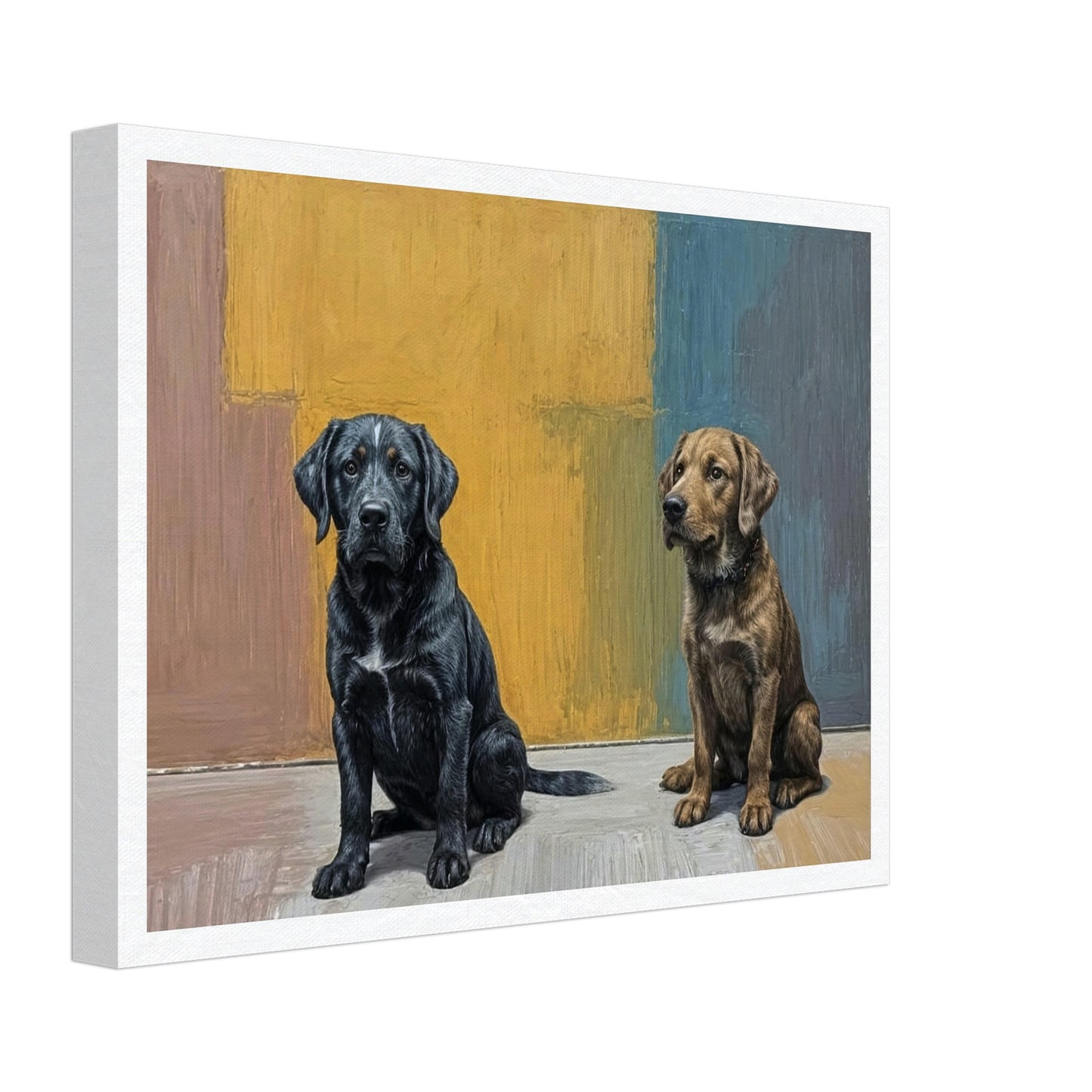 A realistic painting of two dogs sitting side by side against a colorful background, showcasing a black and a brown dog.