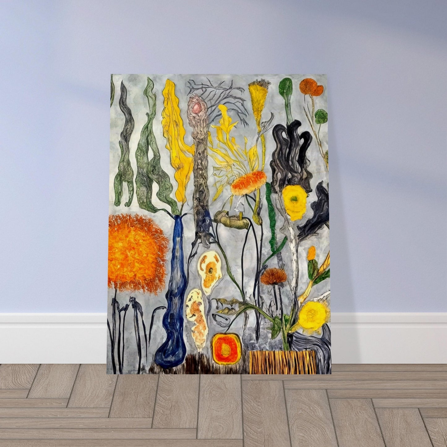 A surreal floral composition featuring abstract shapes and vibrant colors, with twisting, unusual stems and yellow, orange, and green flowers.
