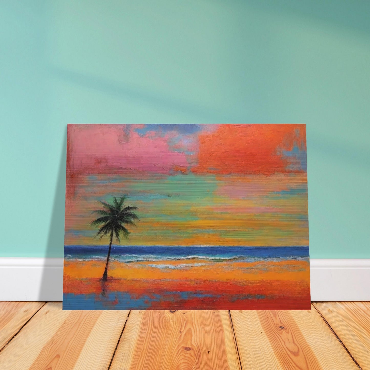 A vibrant tropical sunset with a lone palm tree silhouetted against a colorful sky blending pink, orange, green, and blue hues.